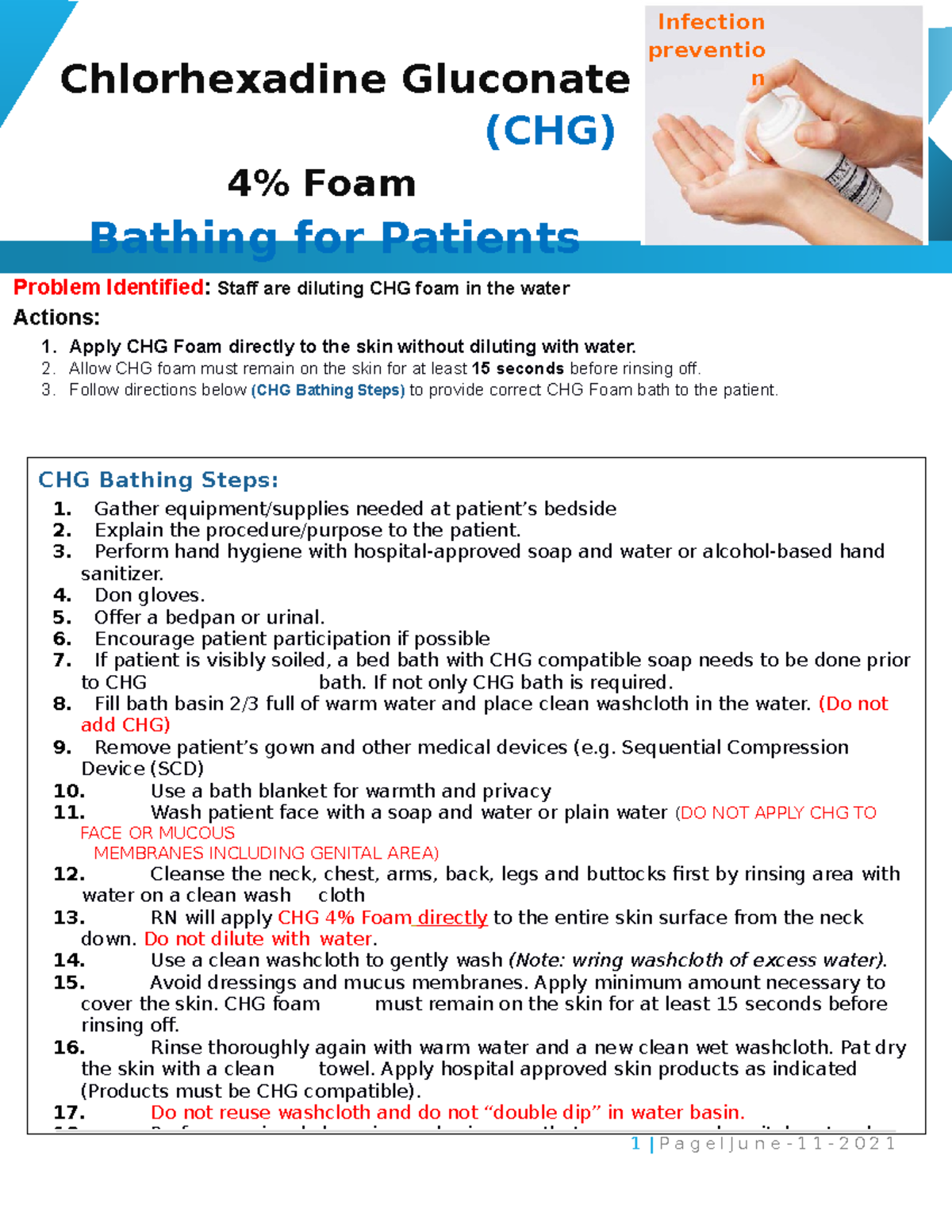 CHG bathing Chg bath instructions 1 P a g e I J u n e 1 1 2 0 2 1 CHG Bathing Steps 1