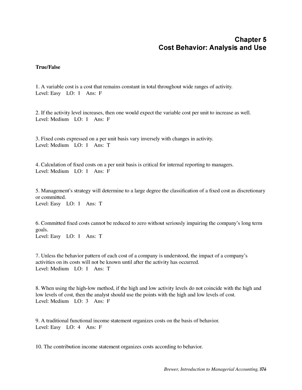 Sample/practice Exam, Questions And Answers - Chapter 5 Cost Behavior ...