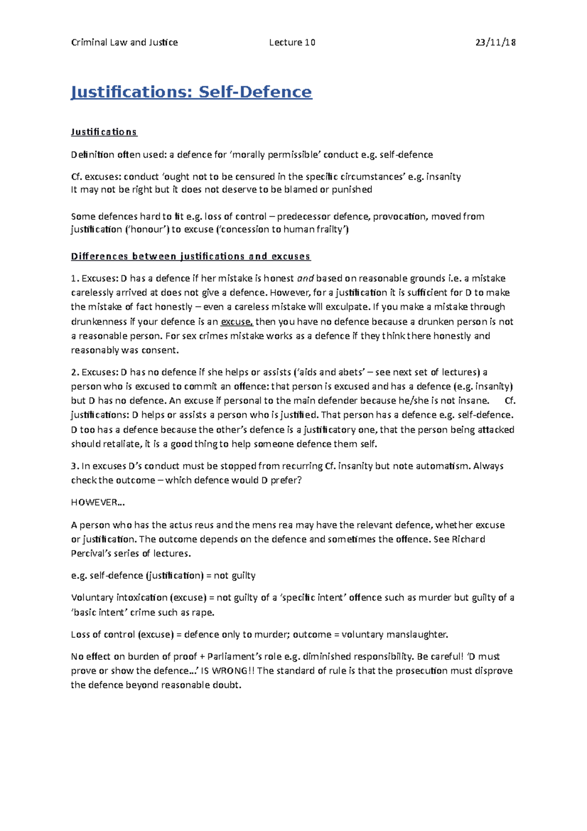 Justifications and Self Defence L10 Justifications SelfDefence