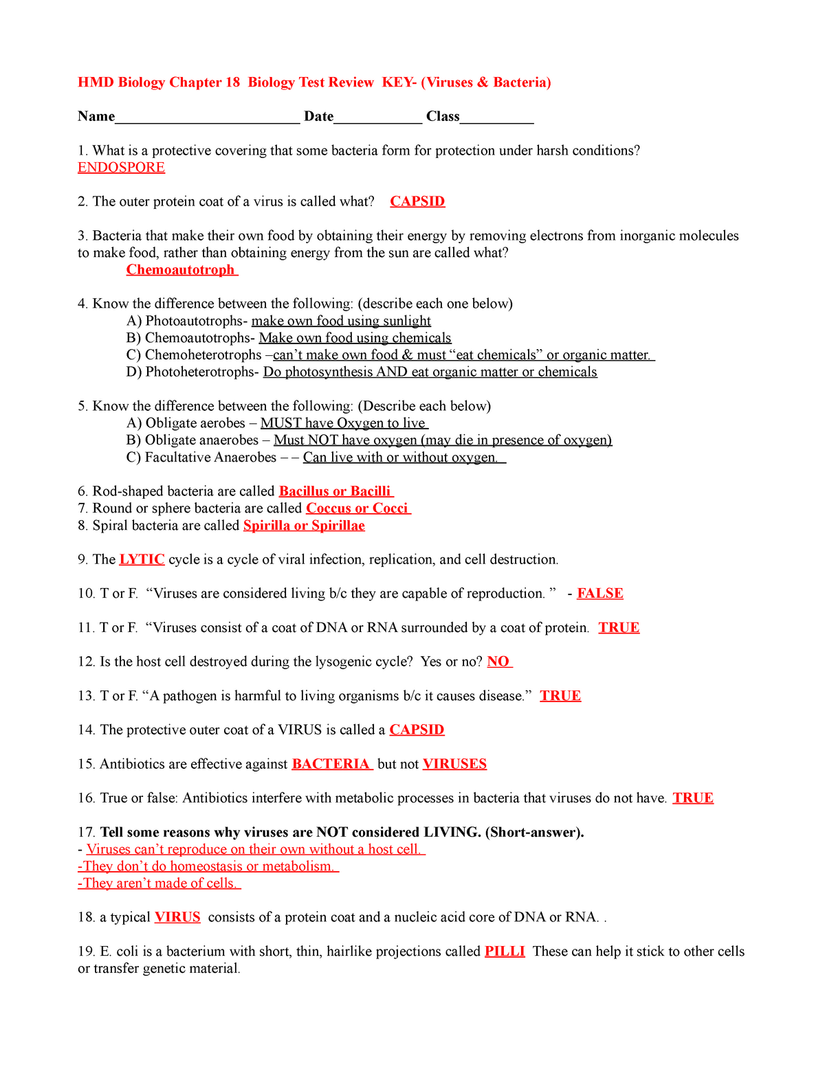 HMD Ch 20 Bio Test Review KEY - HMD Biology Chapter 20 Biology Regarding Virus And Bacteria Worksheet Answers