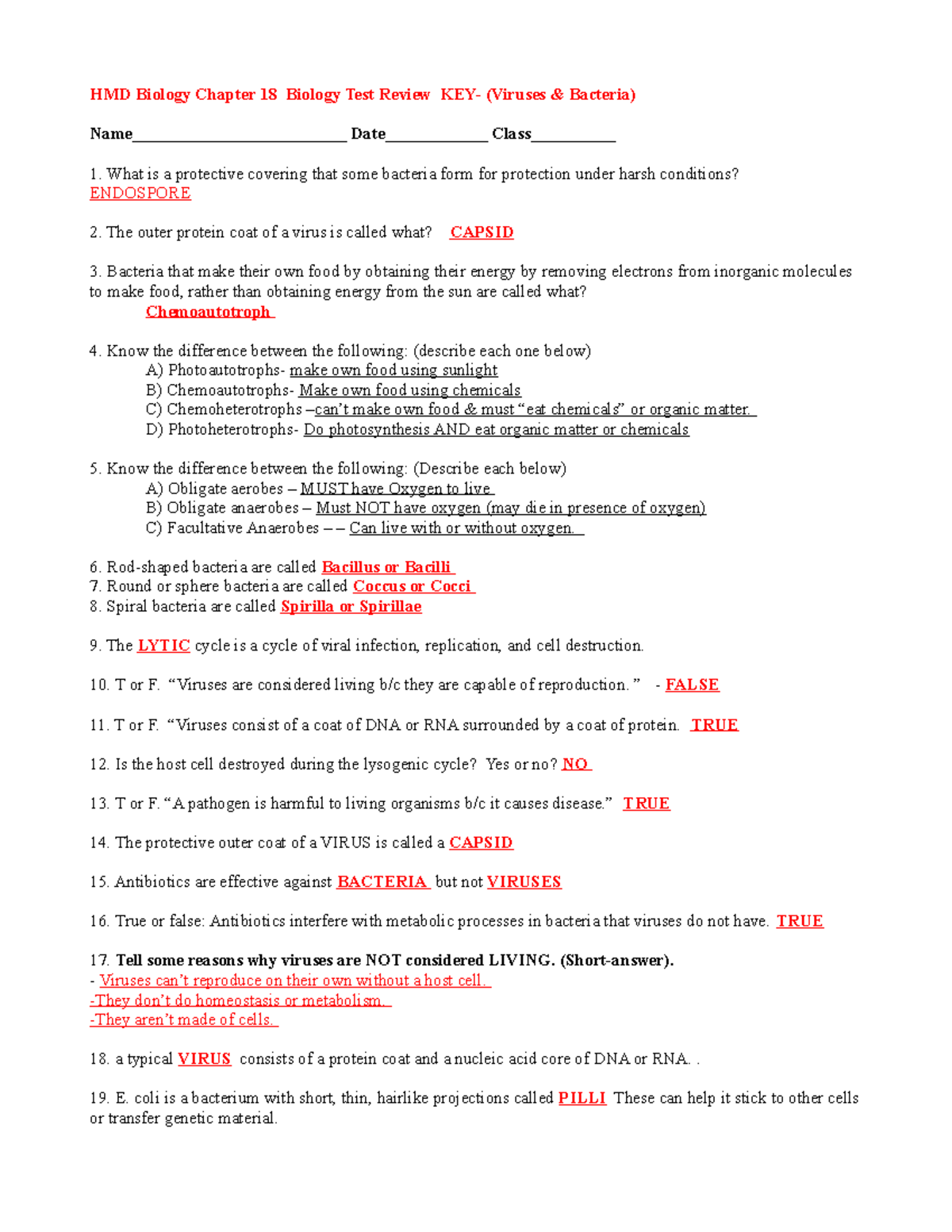 HMD Ch 21 Bio Test Review KEY - HMD Biology Chapter 21 Biology Intended For Virus And Bacteria Worksheet Answers