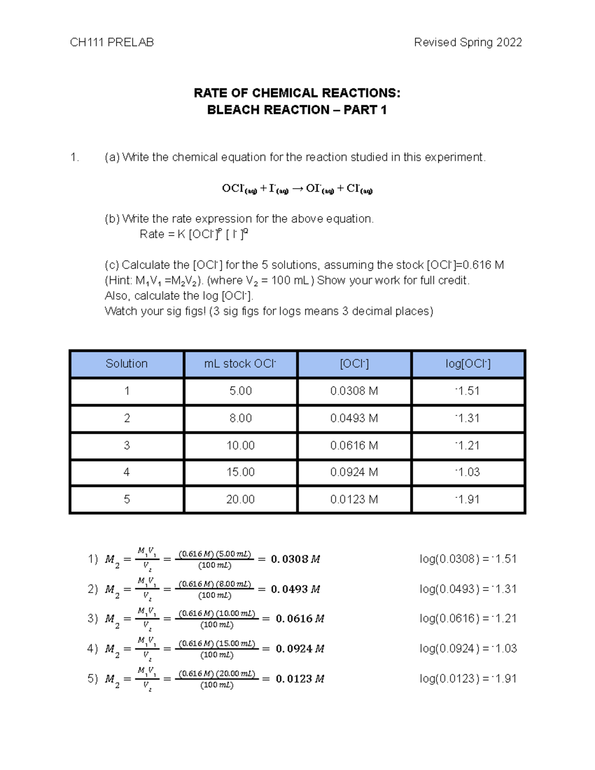 CH 111 PreLab RATE OF Chemical Reactions Bleach Reaction PART 1 CH111 PRELAB Revised Spring
