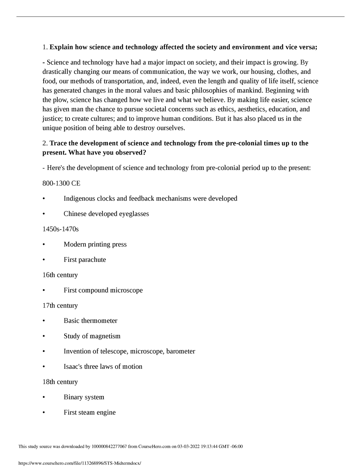 STS Midterm - READING - Explain How Science And Technology Affected The ...