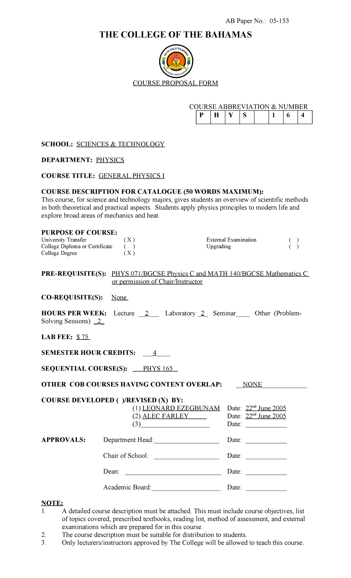 PHYS 164 Course Outline - THE COLLEGE OF THE BAHAMAS COURSE PROPOSAL ...