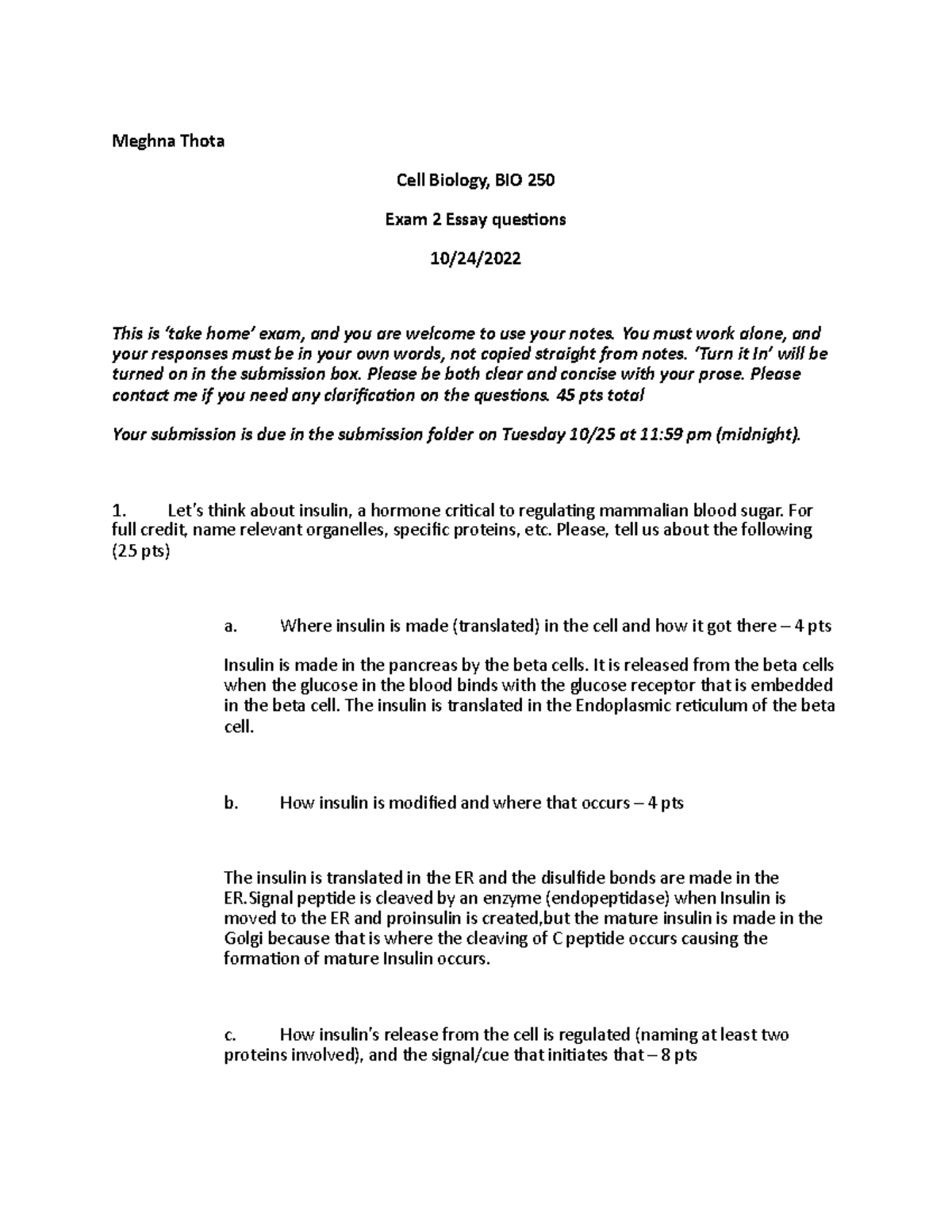 Cell Biology, BIO 250 - Meghna Thota Cell Biology, BIO 250 Exam 2 Essay ...