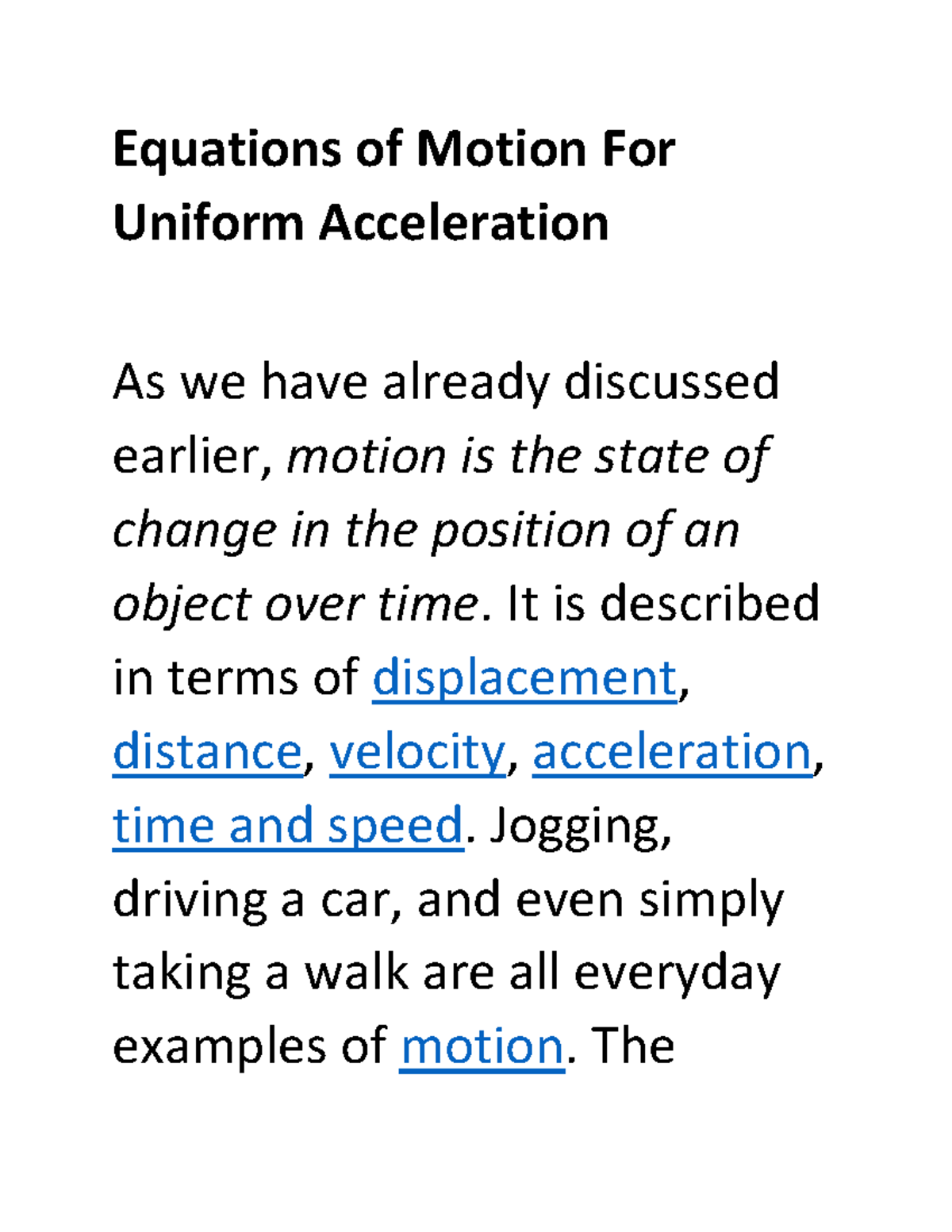 Equations of Motion For Uniform Acceleration - It is described in terms ...