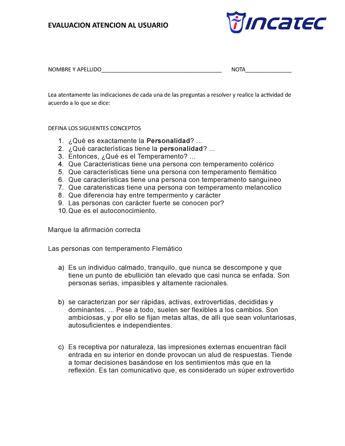 Evaluacion Atencion Al Usuario - EVALUACION ATENCION AL USUARIO NOMBRE ...