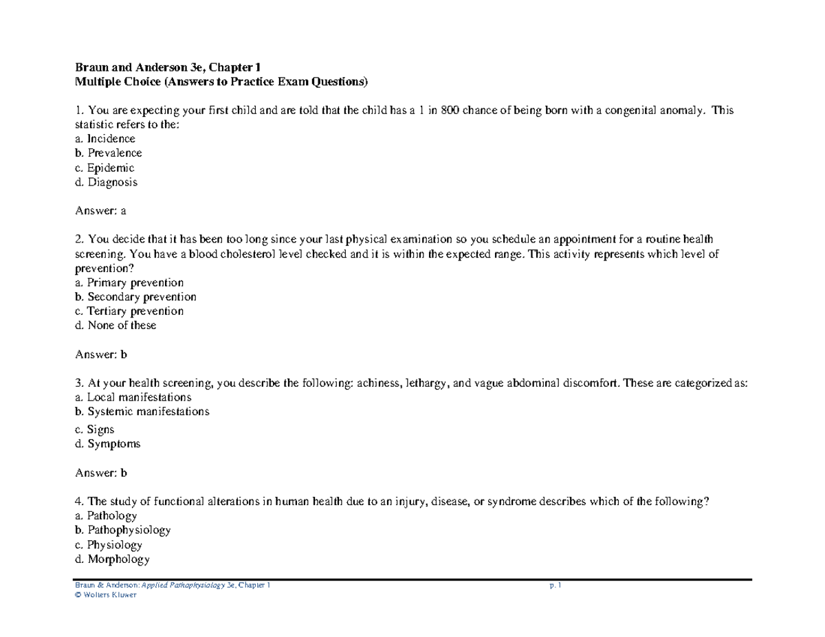 Ch01 Introduction Pathophysiology MCQ Answers - Braun & Anderson ...