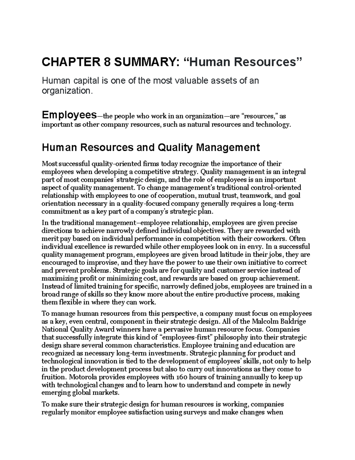 MT435 Chapter 8 Summary - CHAPTER 8 SUMMARY: “Human Resources” Human ...