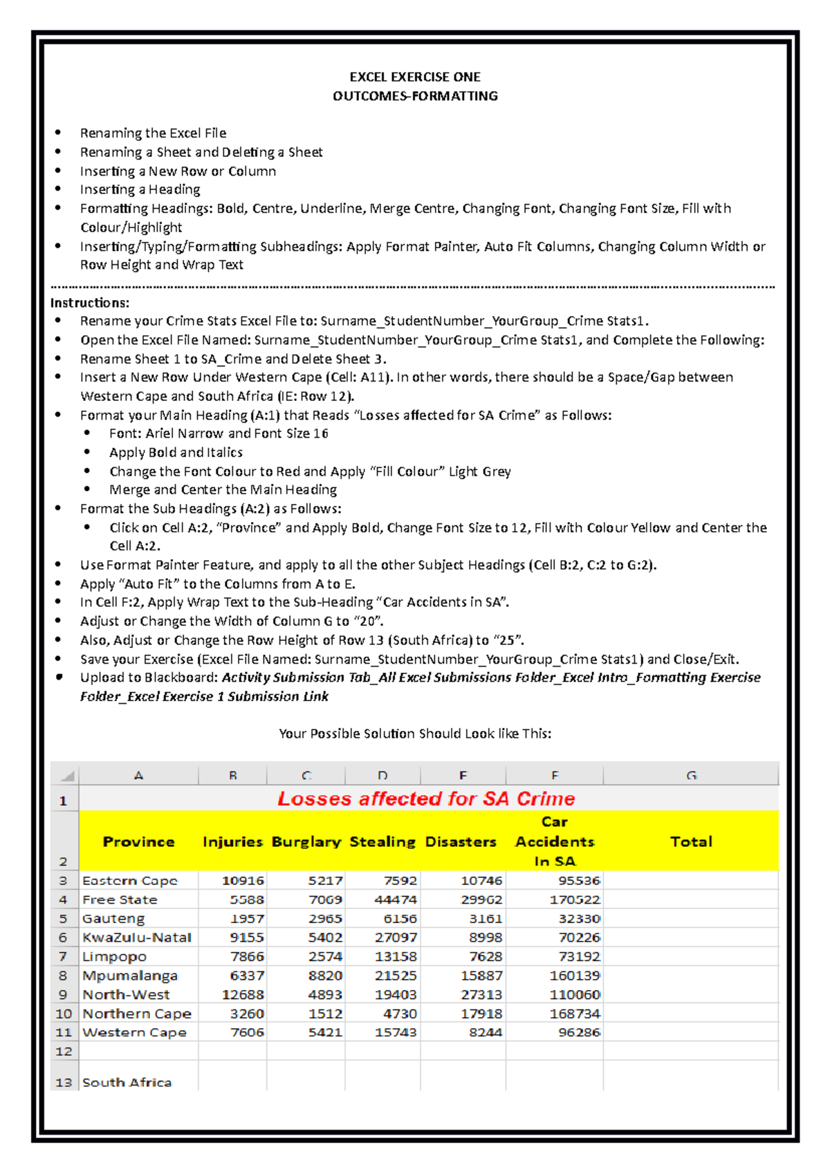 Excel Exercise 1 Formating - EXCEL EXERCISE ONE OUTCOMES-FORMATTING ...