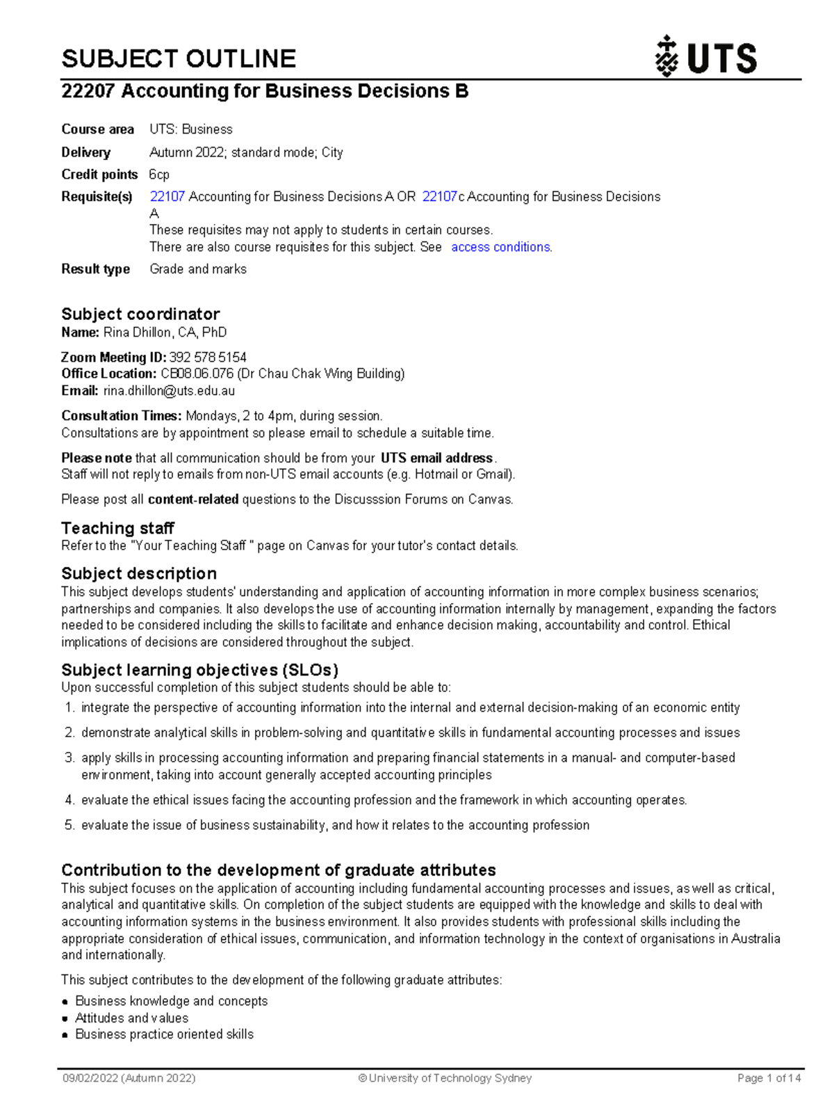 Subject outline - SUBJECT OUTLINE 22207 Accounting for Business ...