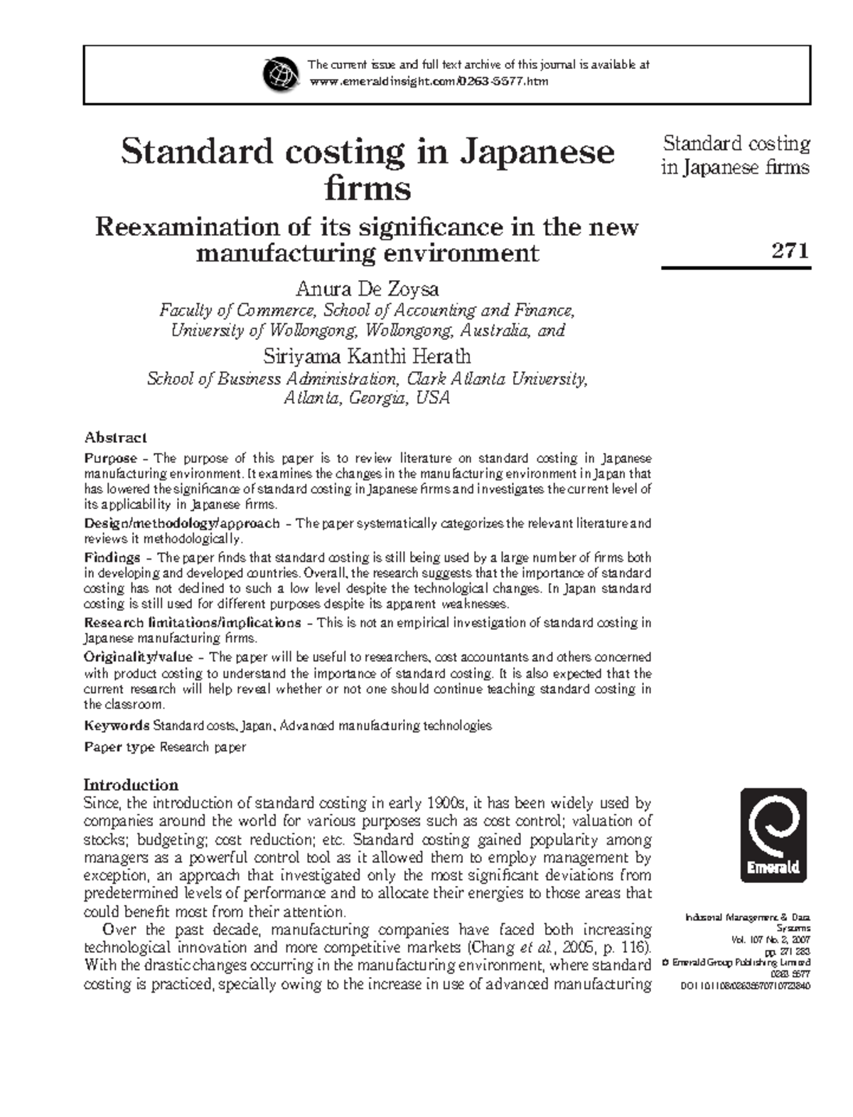 Standard costing journal Standard costing in Japanese firms Reexamination of its significance