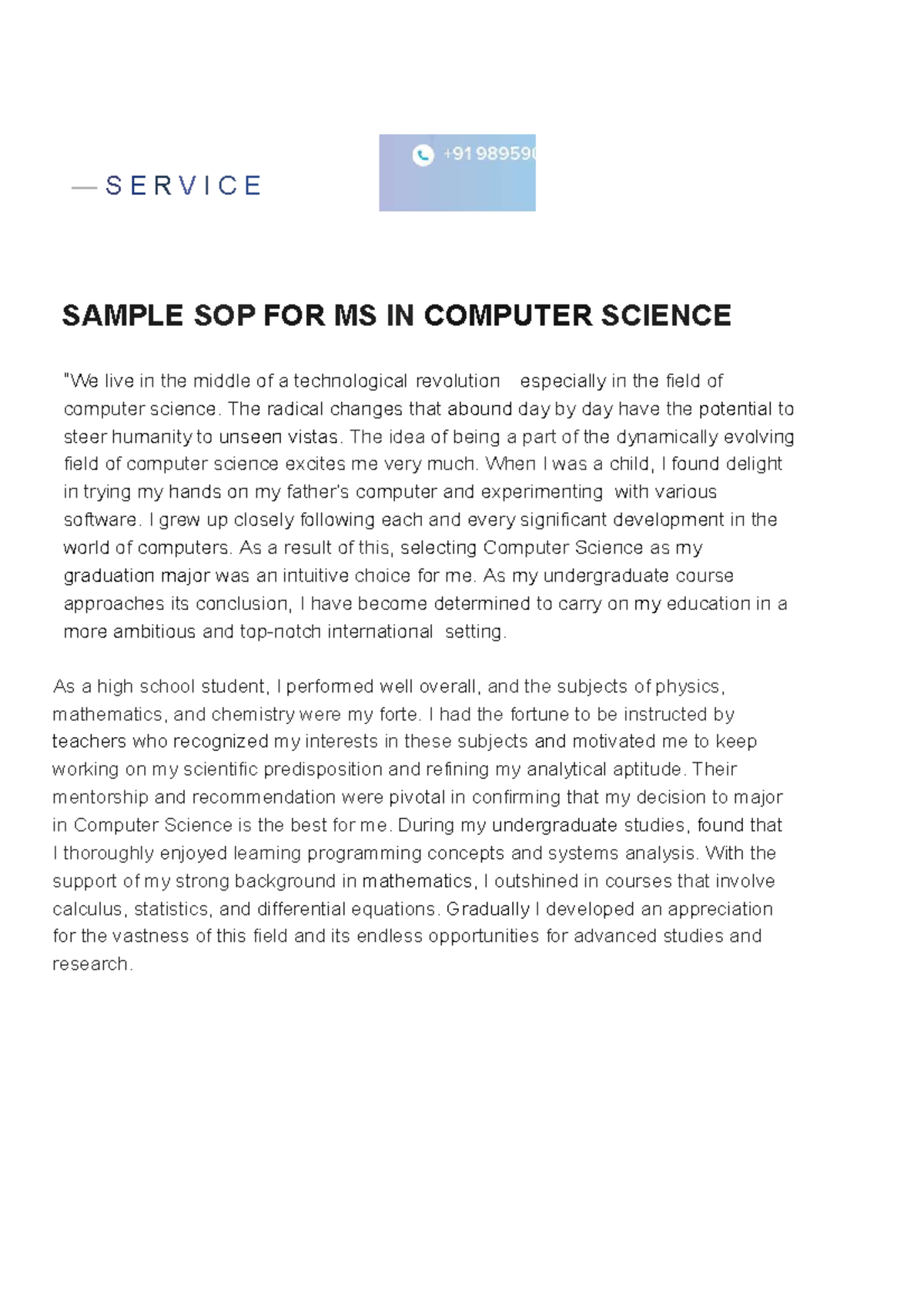 Sample computer science ms - — S E R V I C E SAMPLE SOP FOR MS IN ...