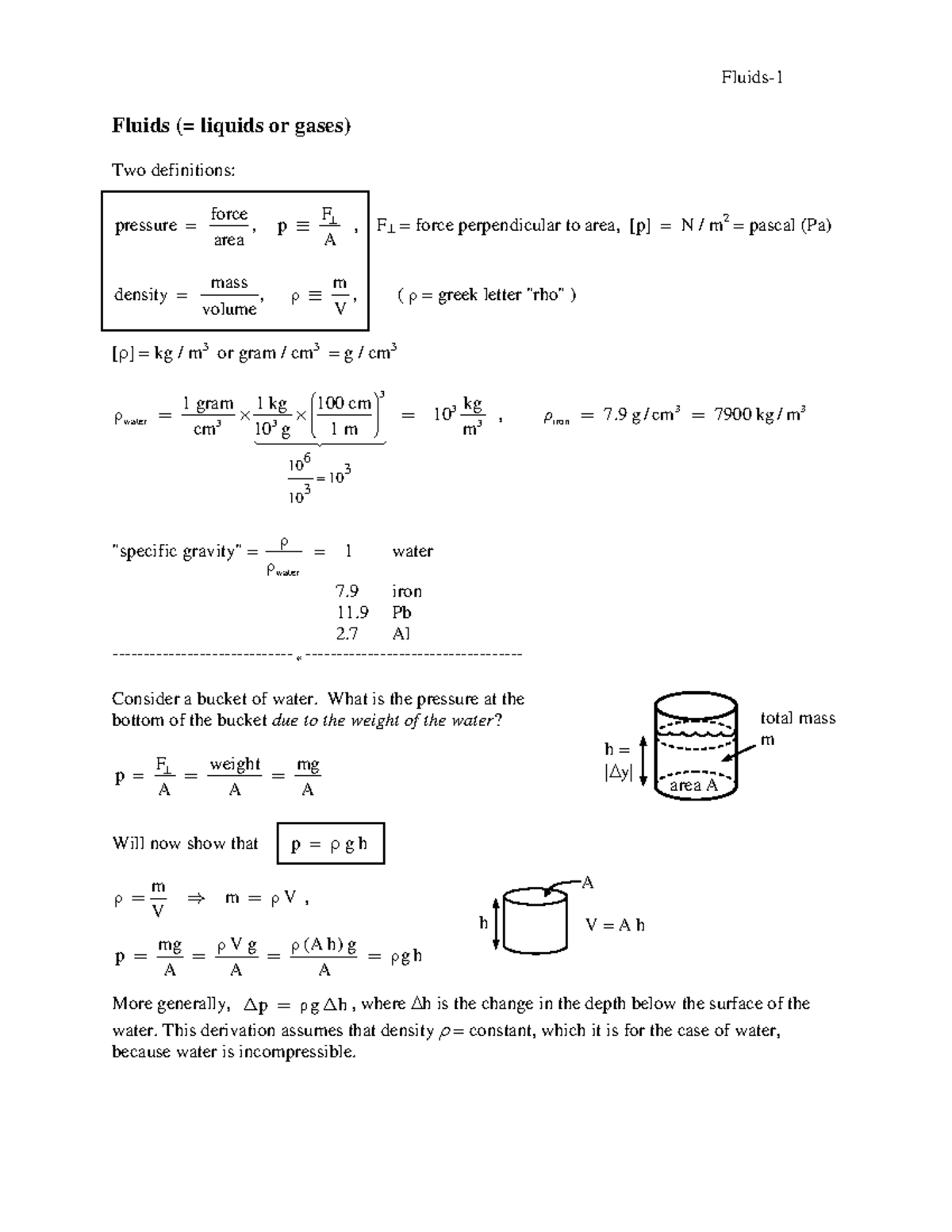 Fluids Lecture Notes - Fluids (= Liquids Or Gases) Two Definitions ...