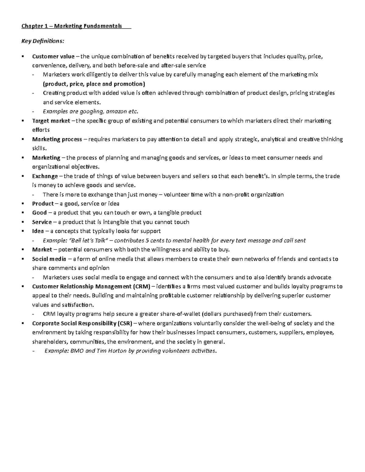 Intro to Marketing Midterm Review - Chapter 1 Marketing Fundamentals ...