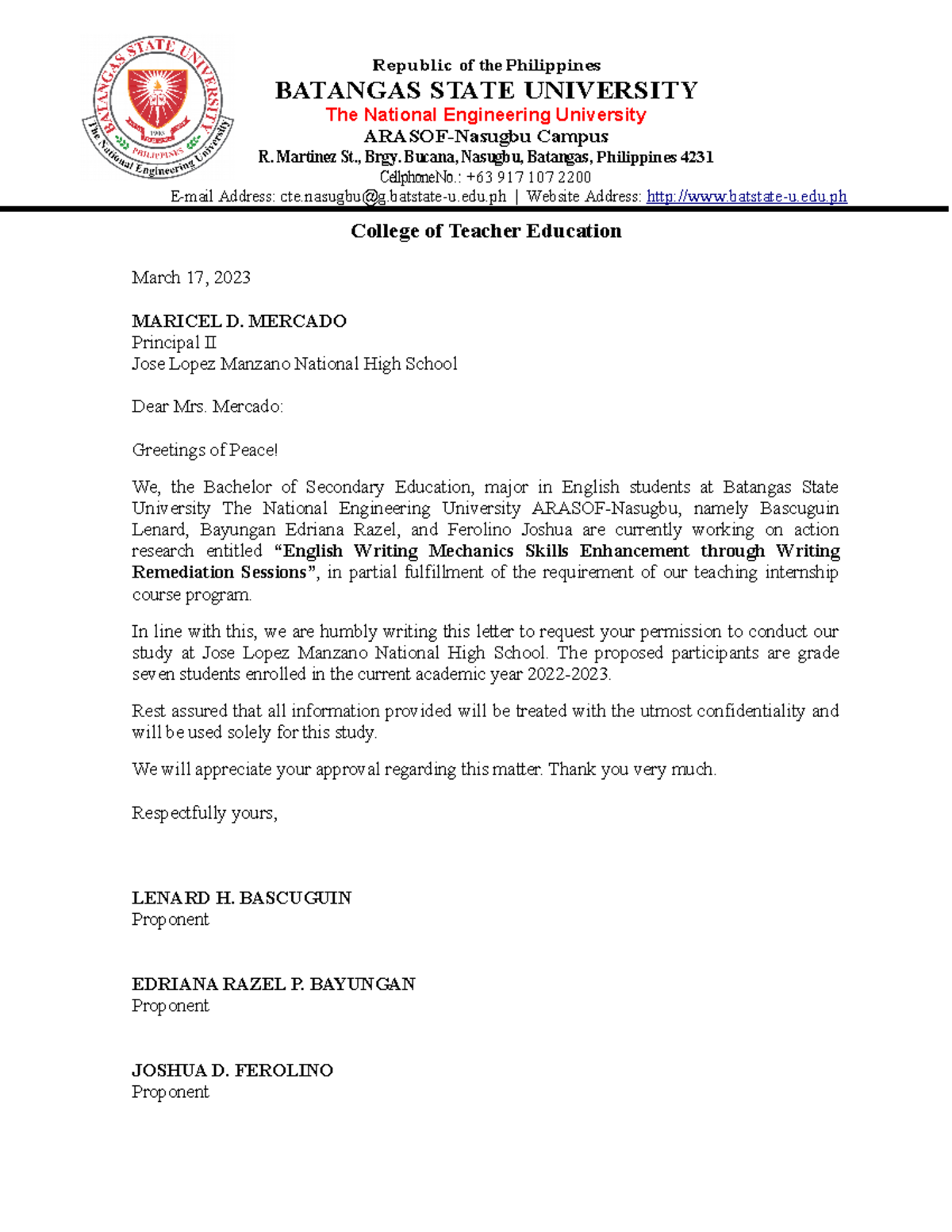 Letter to the Principal - Republic of the Philippines BATANGAS STATE ...