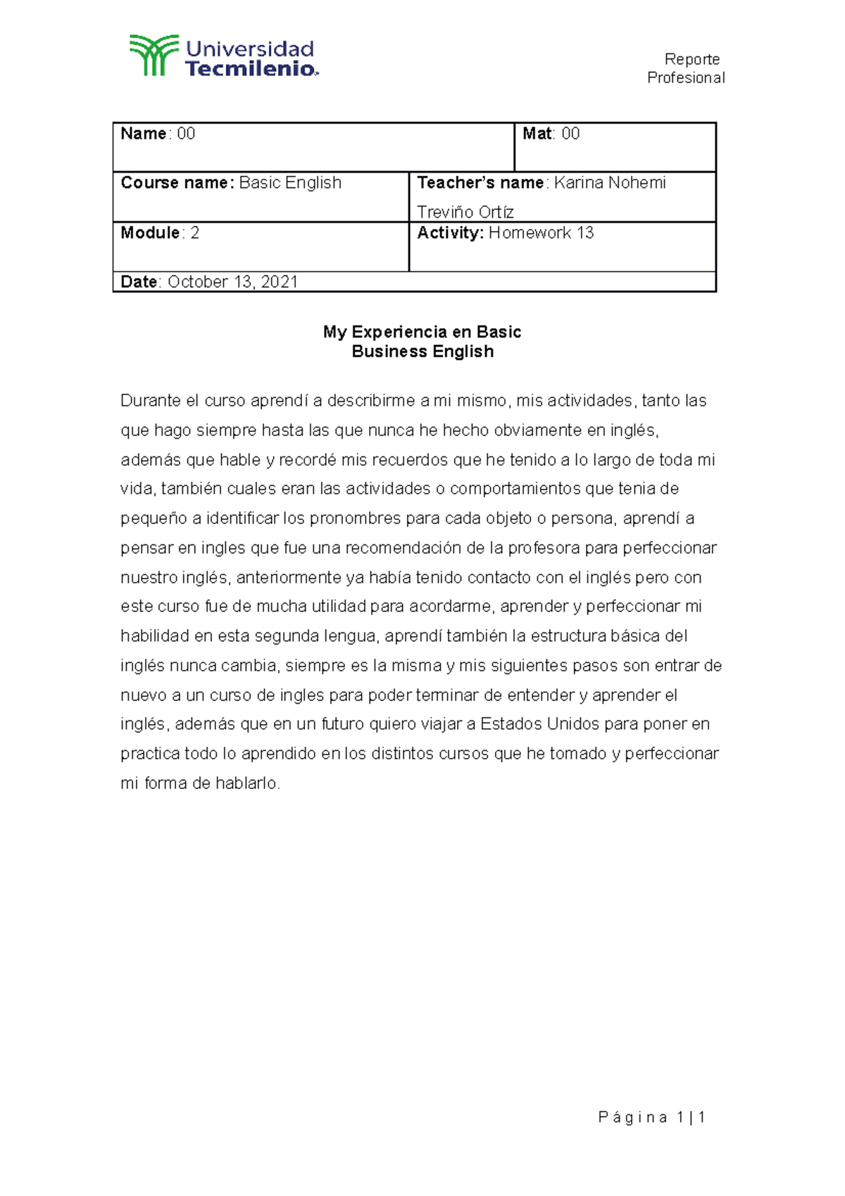 Homework 13 - Ingles basico - TecMilenio - Studocu
