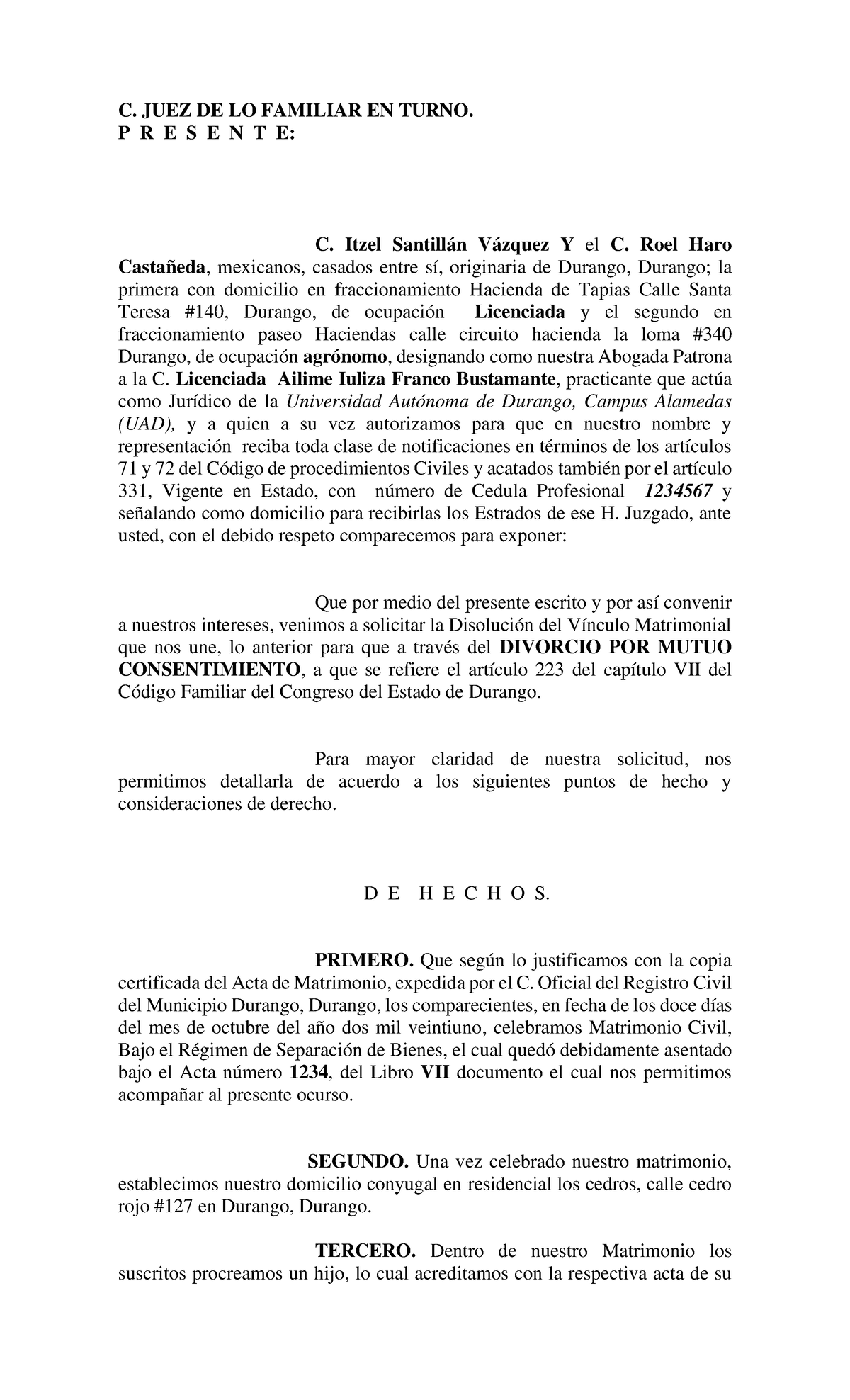 Juicio de Divorcio Voluntario UAD 3 - C. JUEZ DE LO FAMILIAR EN TURNO ...