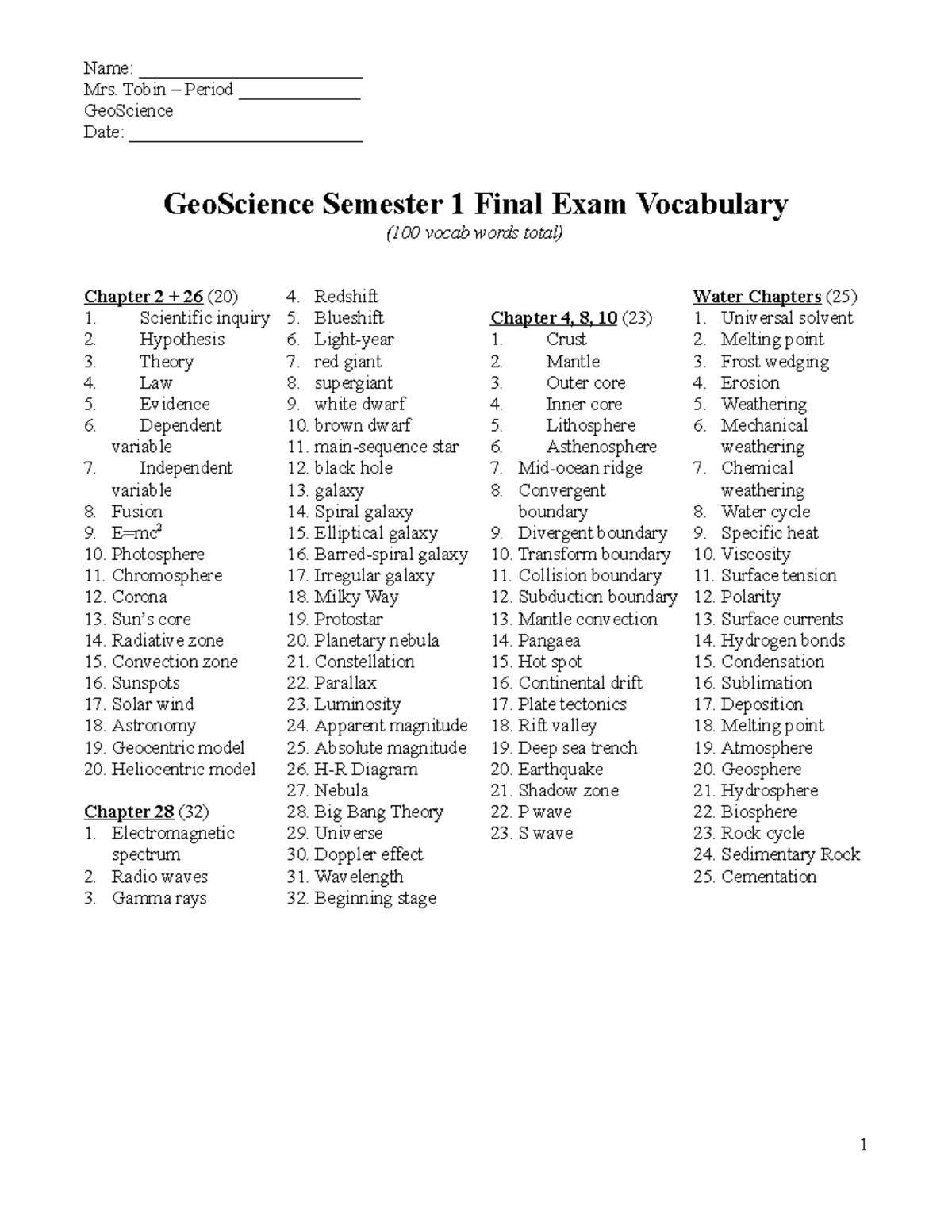 Geo. Sem. 1 Final Study Guide - Name: Mrs. Tobin Period GeoScience Date ...