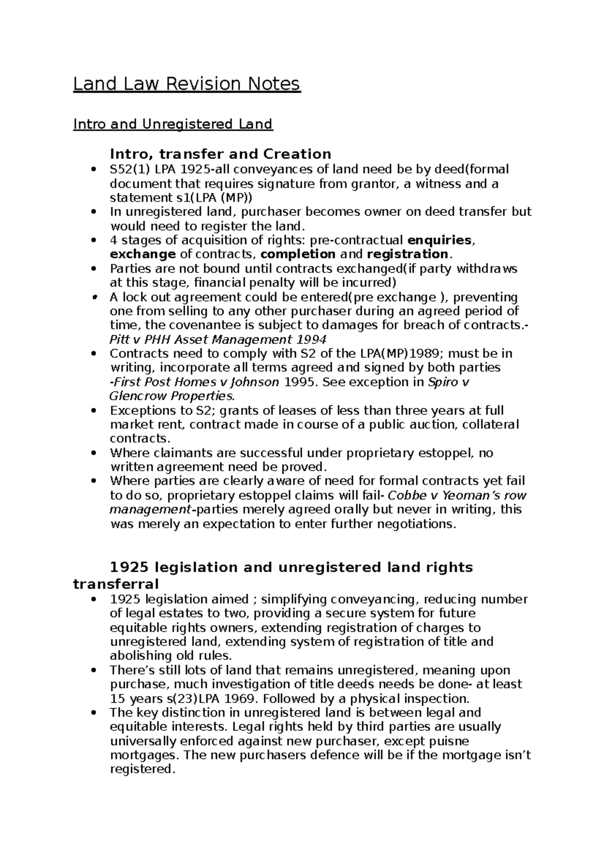 Land final notes (registered and unregistered title, co-ownership and ...