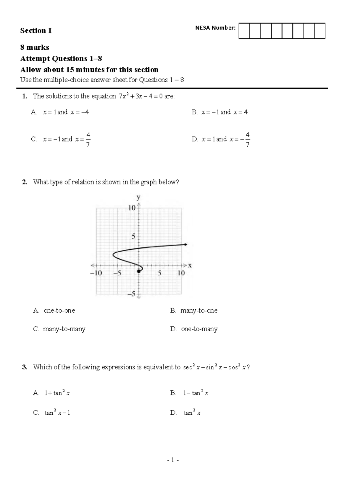 2023 Year 11 Maths Adv. Task 3 Final - Section I 8 marks Attempt ...