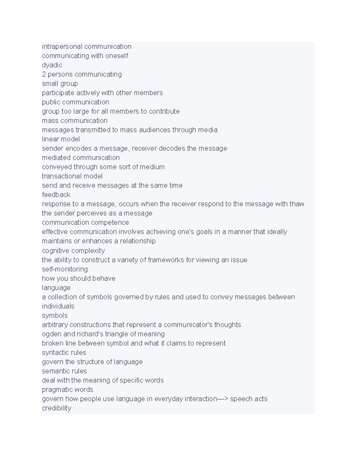 COMS 101 11 - words and definitions - intrapersonal communication ...