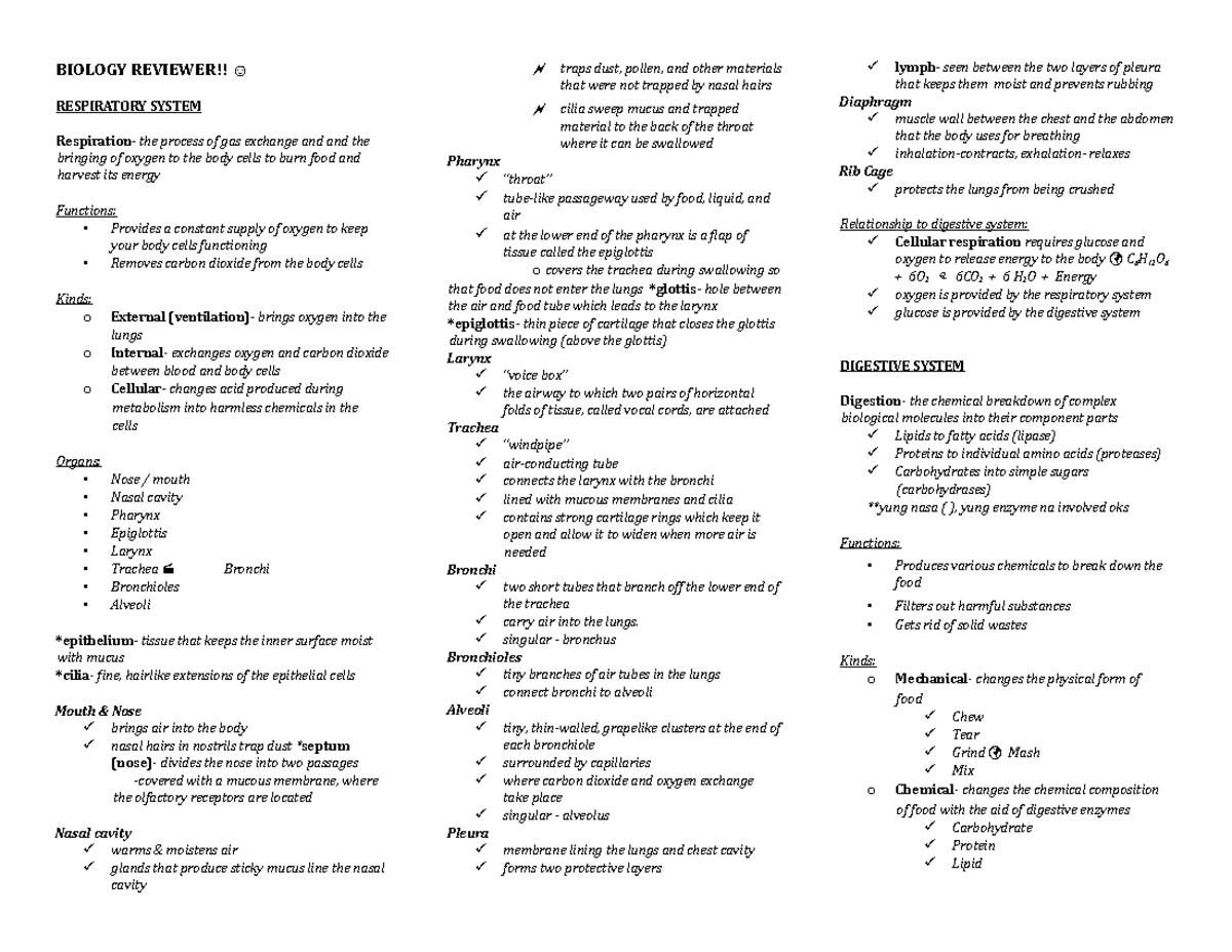 Biology Reviewer - BIOLOGY REVIEWER!! ☺ RESPIRATORY SYSTEM Respiration ...