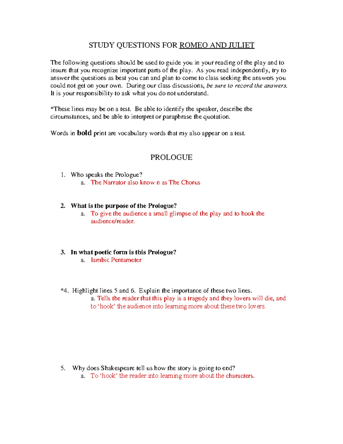 Rjstudyguideshortversion 2 - STUDY QUESTIONS FOR ROMEO AND JULIET The ...