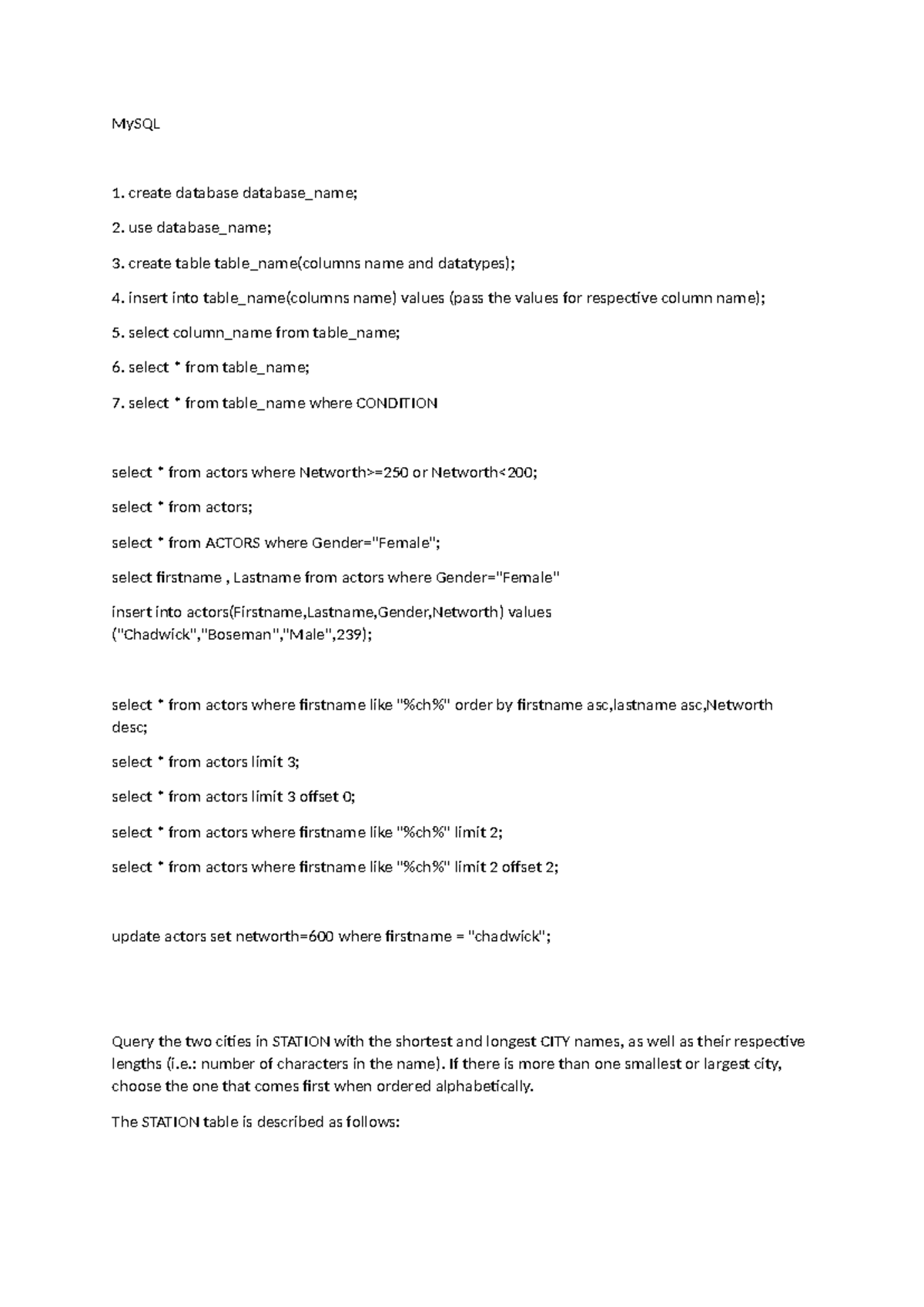 Sqlnotes 1 - Notea \ - MySQL create database database_name; use ...