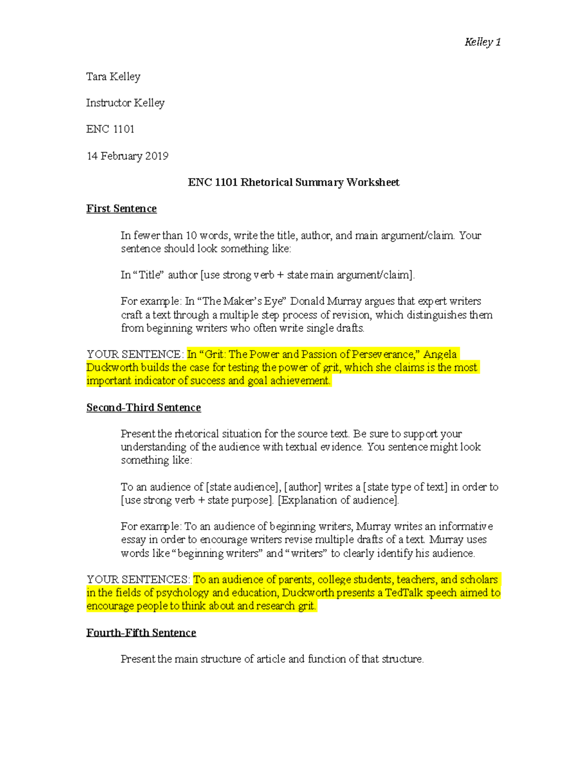 Duckworth ENC 1101 Rhetorical Summary Worksheet - Kelley 1 Tara Kelley ...