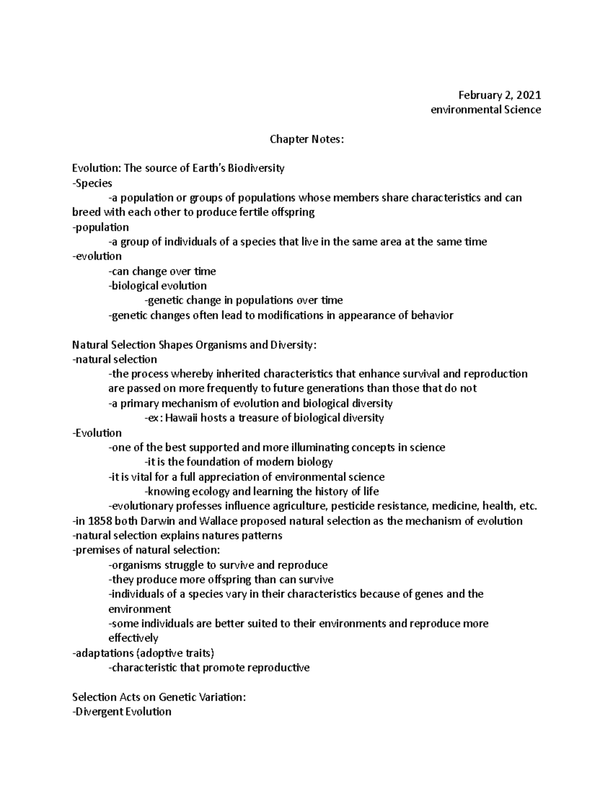 Chatper notes - 2:2:21 - February 2, 2021 environmental Science Chapter ...