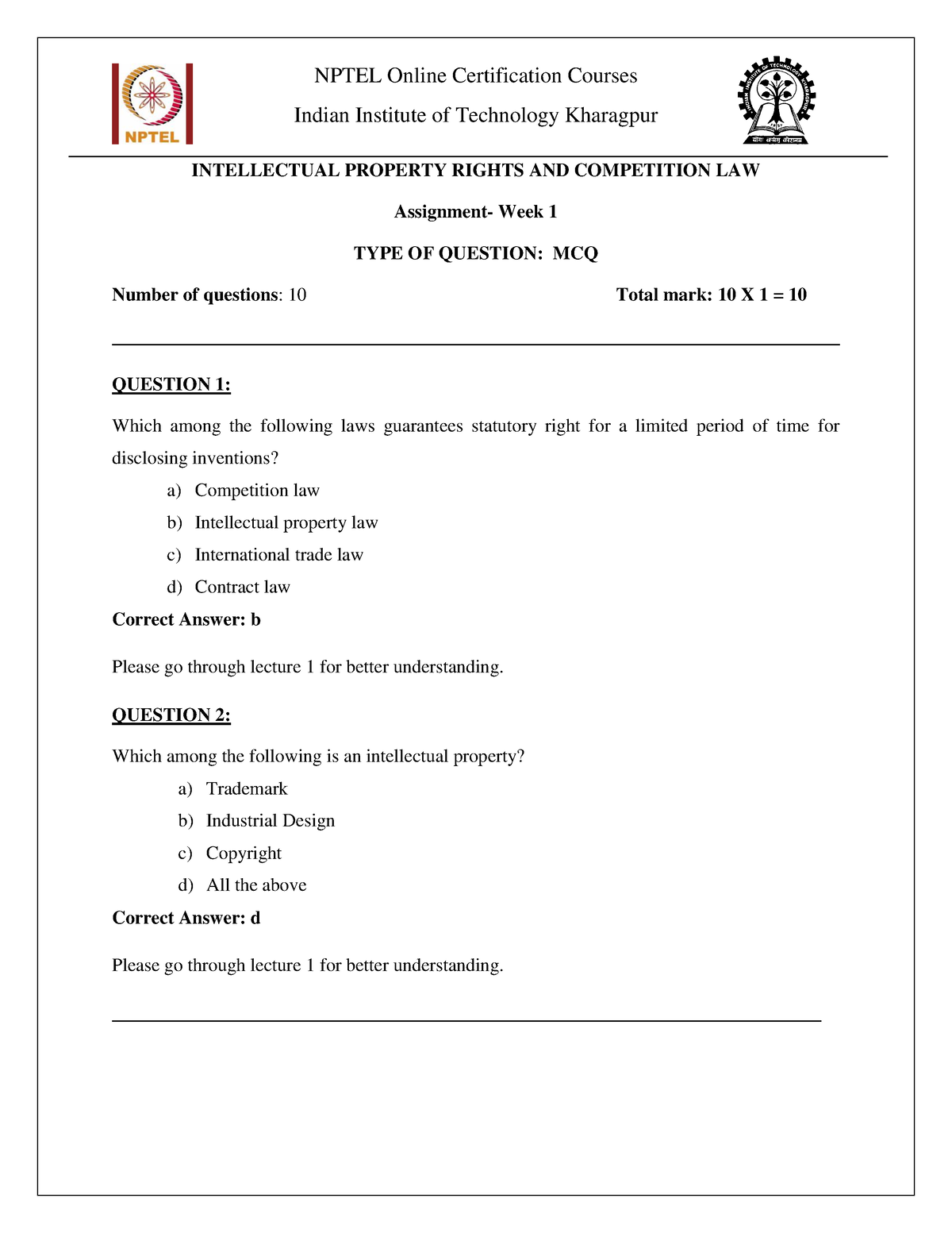 intellectual property rights and competition law nptel assignment answers