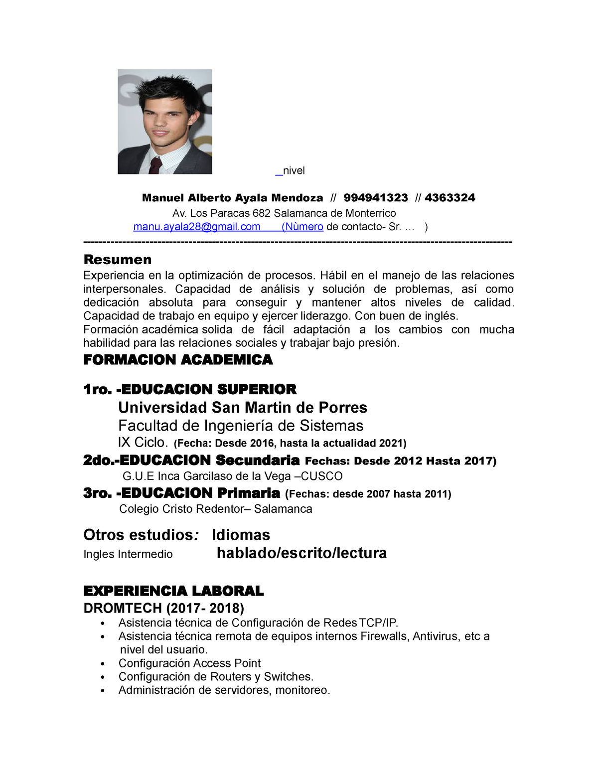 8 Ejemplo De Curriculum Vitae 1 Copia Nivel Manuel Alberto Ayala Mendoza 994941323 0821