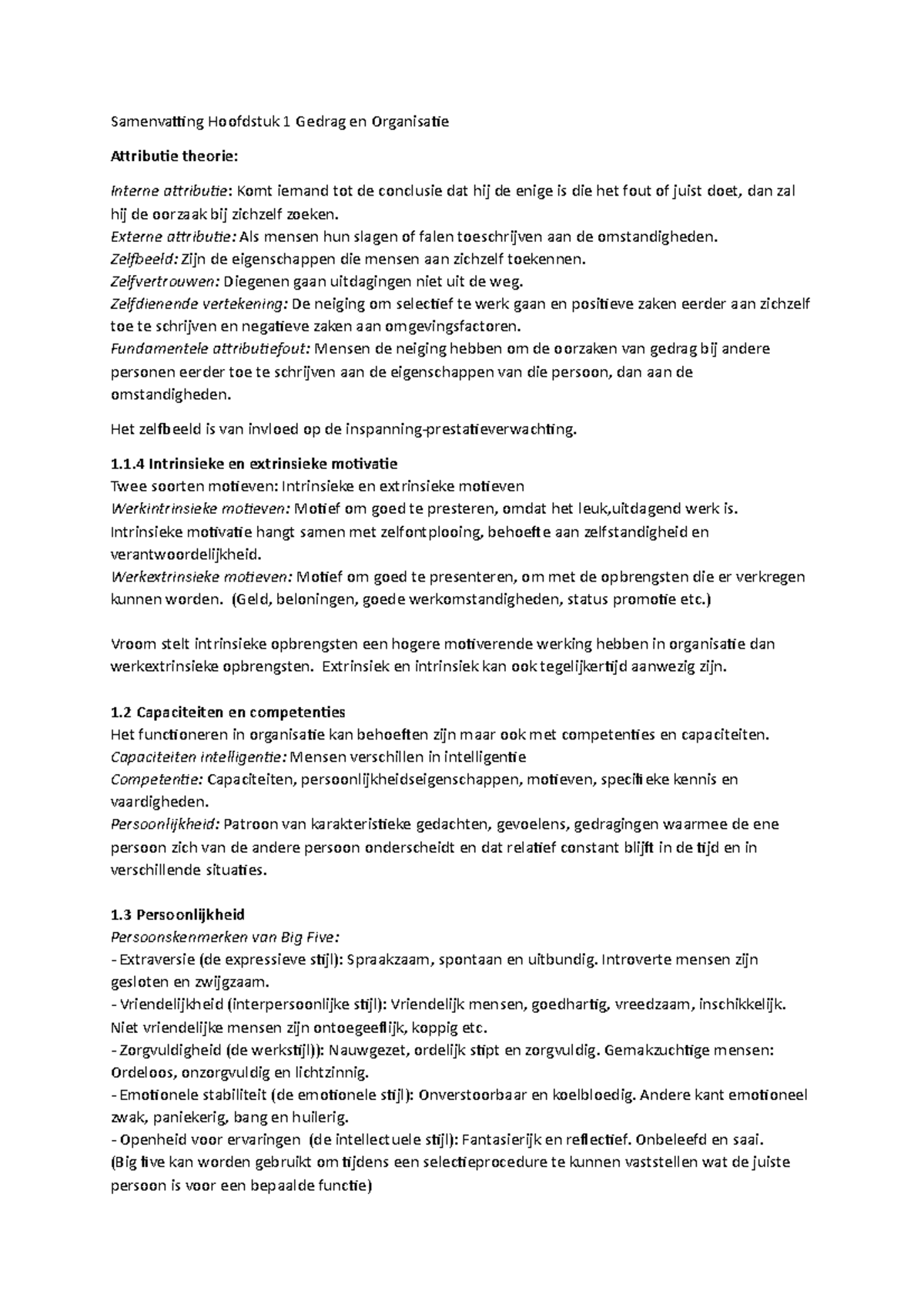 Samenvatting Hoofdstuk 1 Gedrag En Organisatie Samenvatting Hoofdstuk