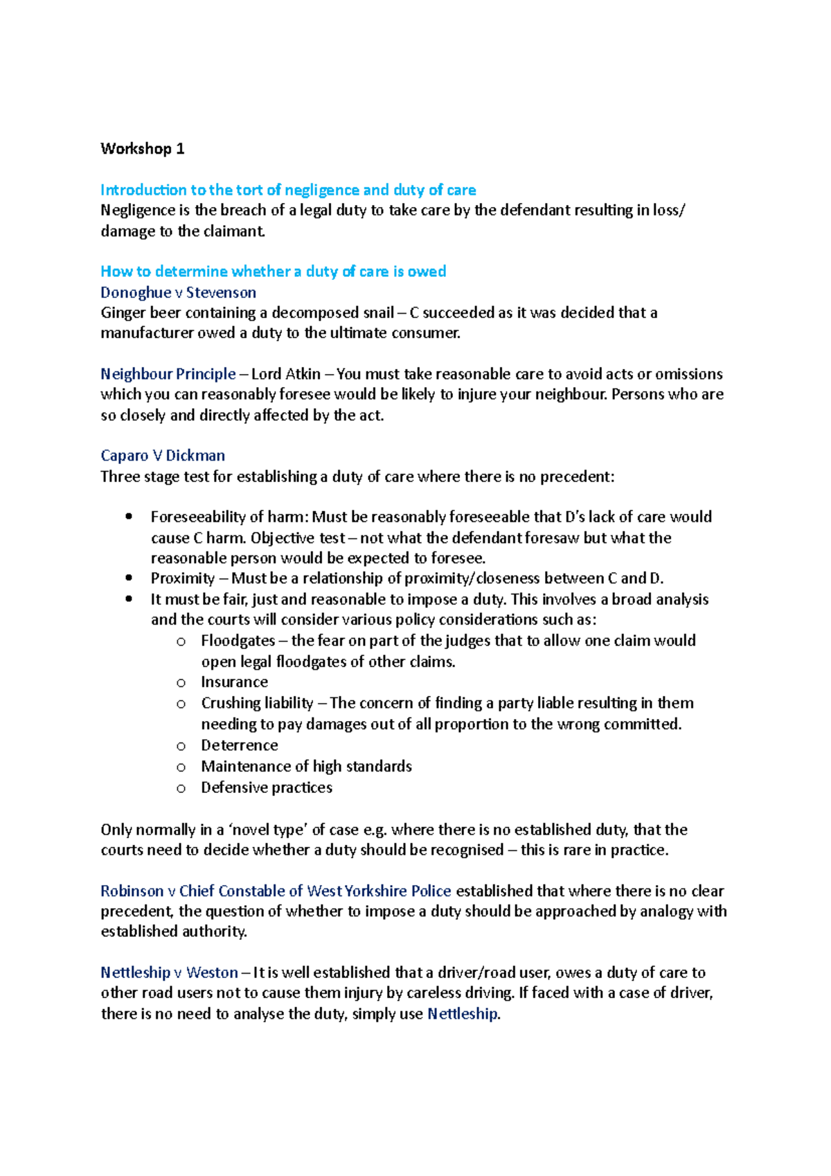 W1 - Duty of Care - Duty of care notes :) - Workshop 1 Introduction to ...