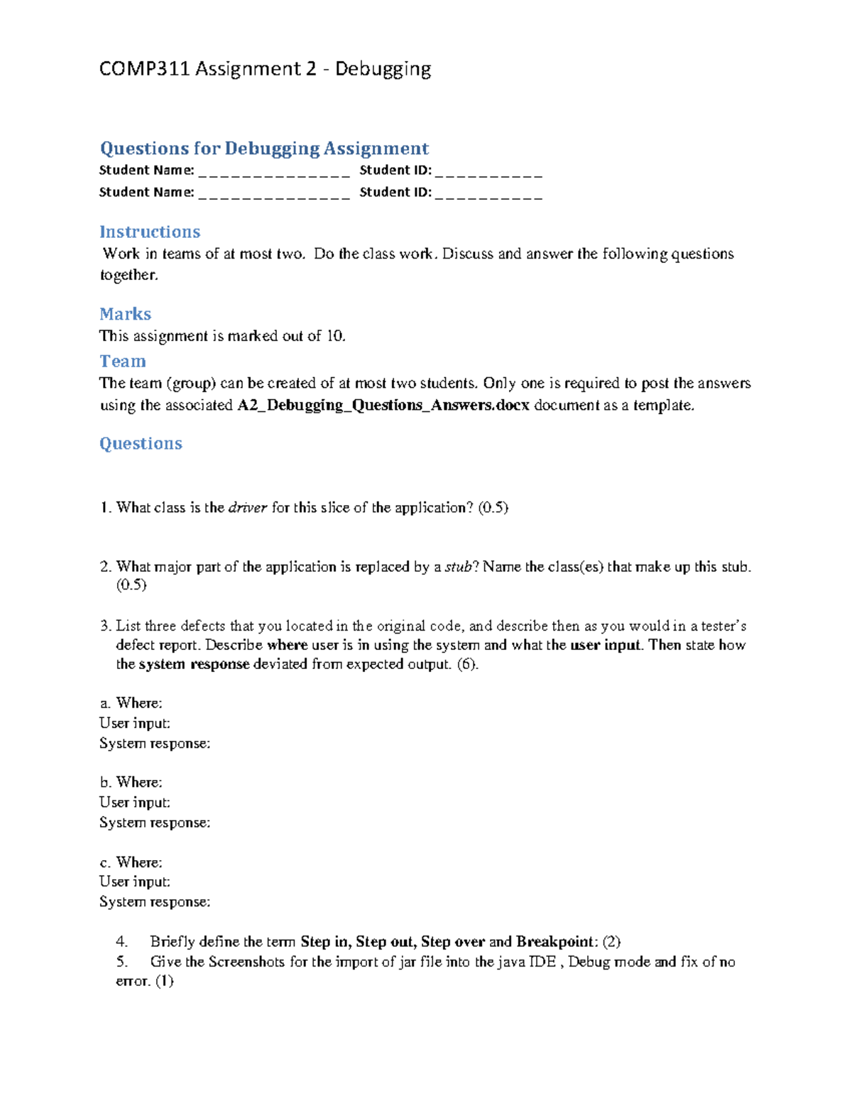 A2-Debugging Questions Answersand Question - COMP311 Assignment 2 ...