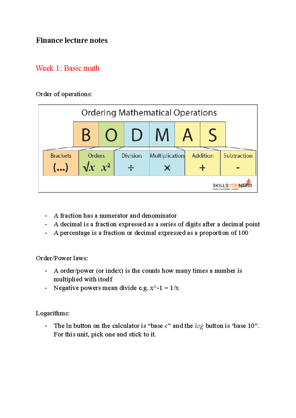 Finance lecture notes - Finance lecture notes Week 1: Basic math Order ...