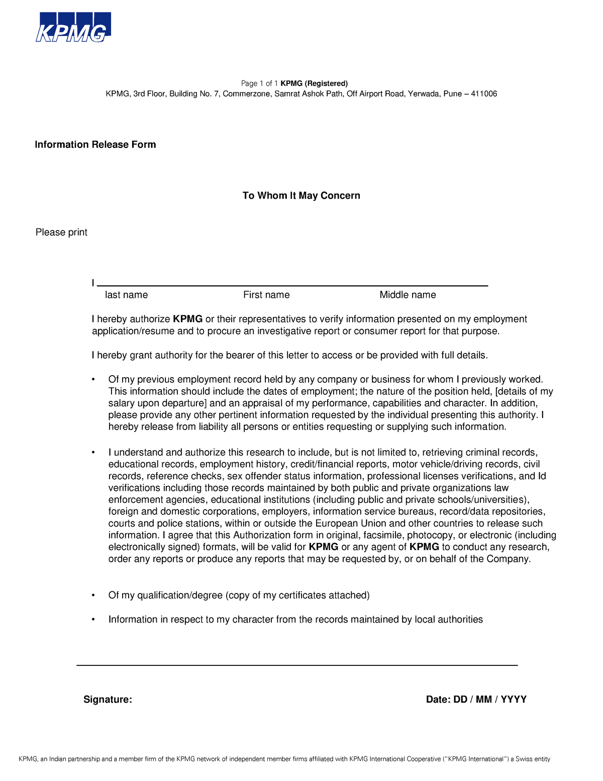 KPMG Consent Form - KPMG - Page 1 of 1 KPMG (Registered) KPMG, 3rd ...