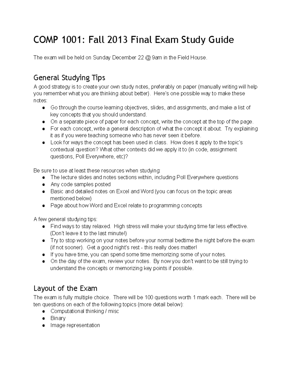 Summary - final exam guide - COMP 1001: Fall 2013 Final Exam Study ...