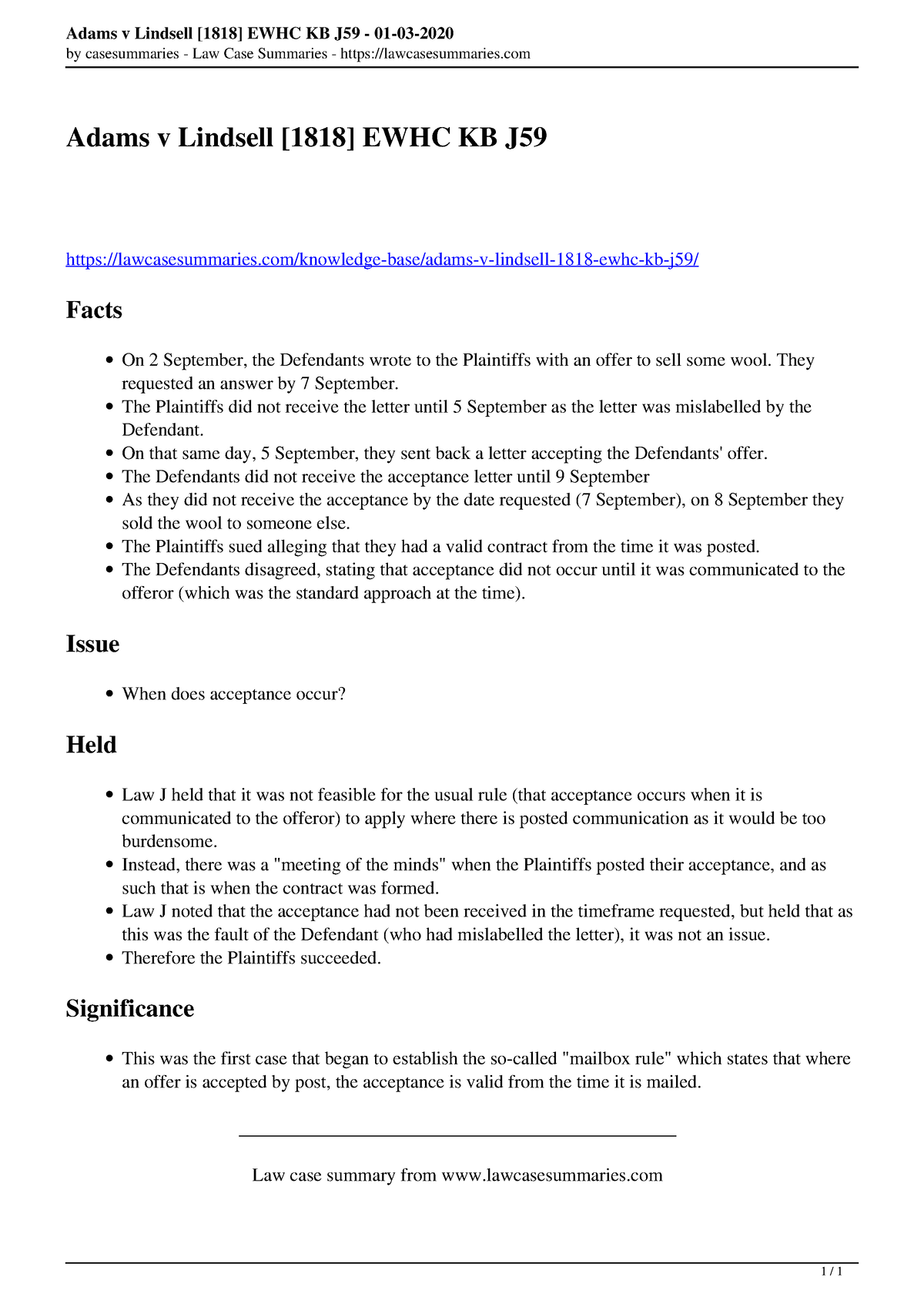 Adams V Lindsell 1818 Ewhc Kb J59 - Adams V Lindsell [1818] EWHC KB J59 ...