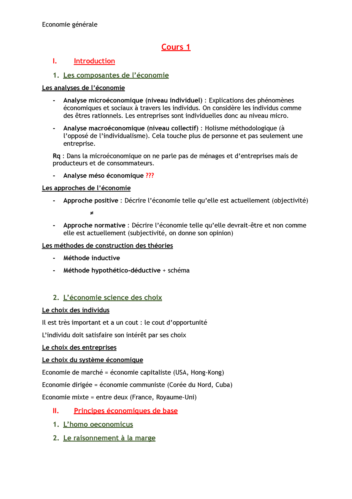 Economie Générale - Cours 1 I. Introduction 1. Les Composantes De L ...