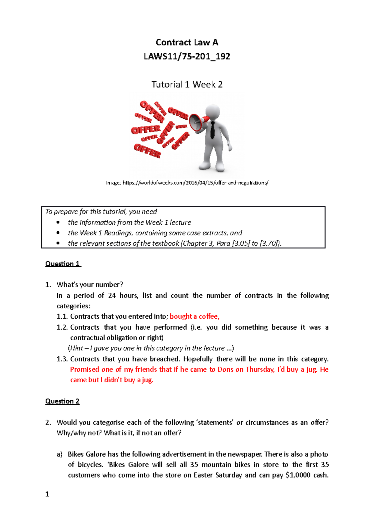 Contract Tutorial Week 2 - Contract Law A LAWS11/75-201_ Tutorial 1 ...