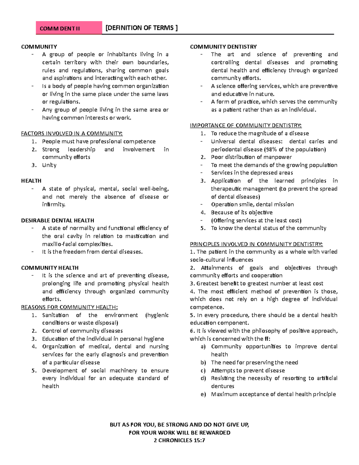 Community Dentistry Definition of Terms COMM DENT II [DEFINITION OF
