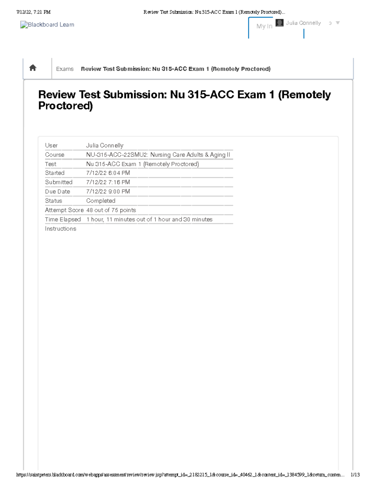Review Test Submission Nu 315ACC Exam 1 (Remotely Proctored