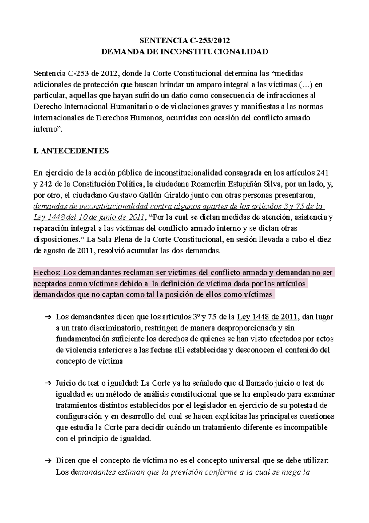 Analisis Sentencia C-253 2012 - SENTENCIA C-253/ DEMANDA DE