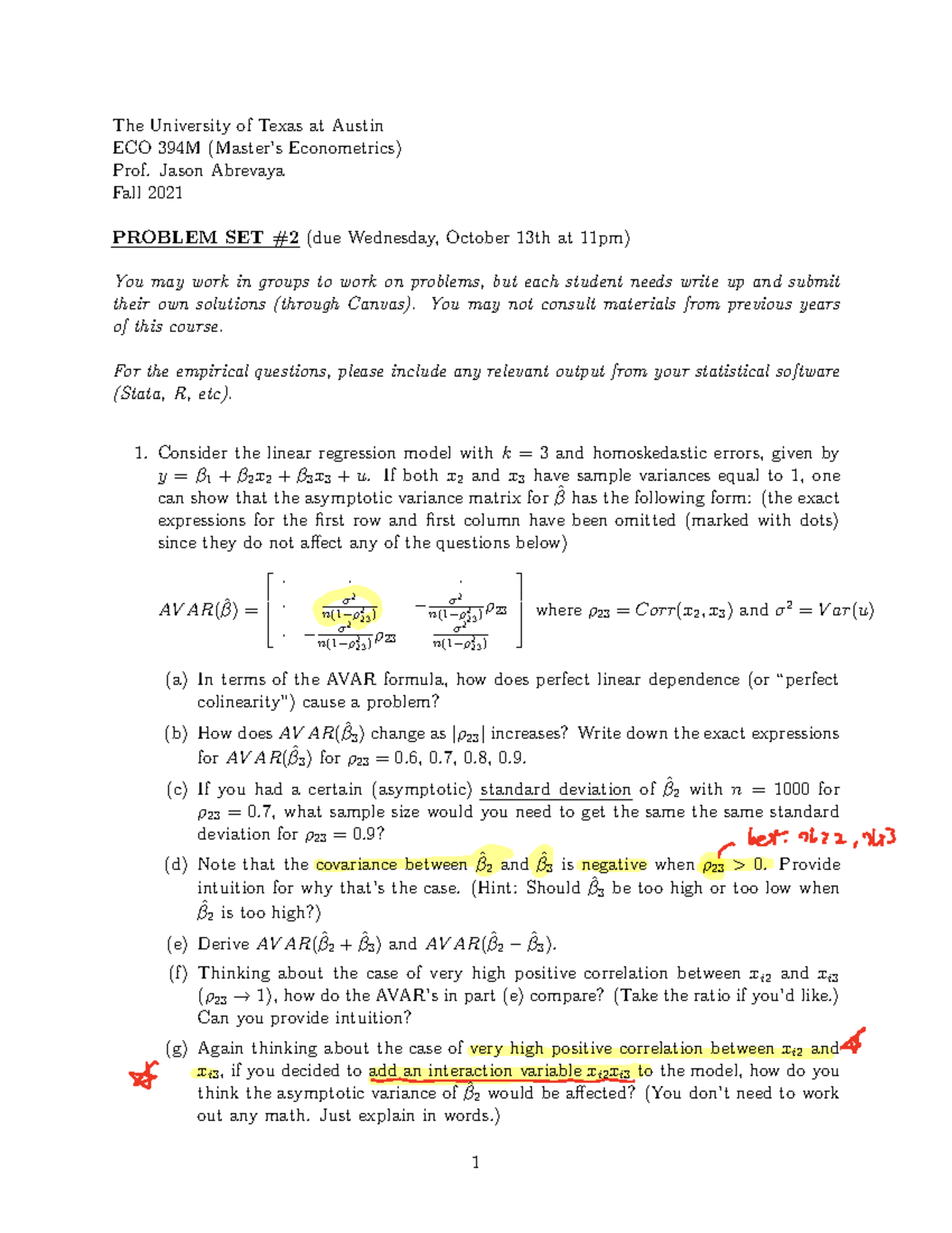 Metrics PS2 Problem Set 2 The University Of Texas At Austin ECO