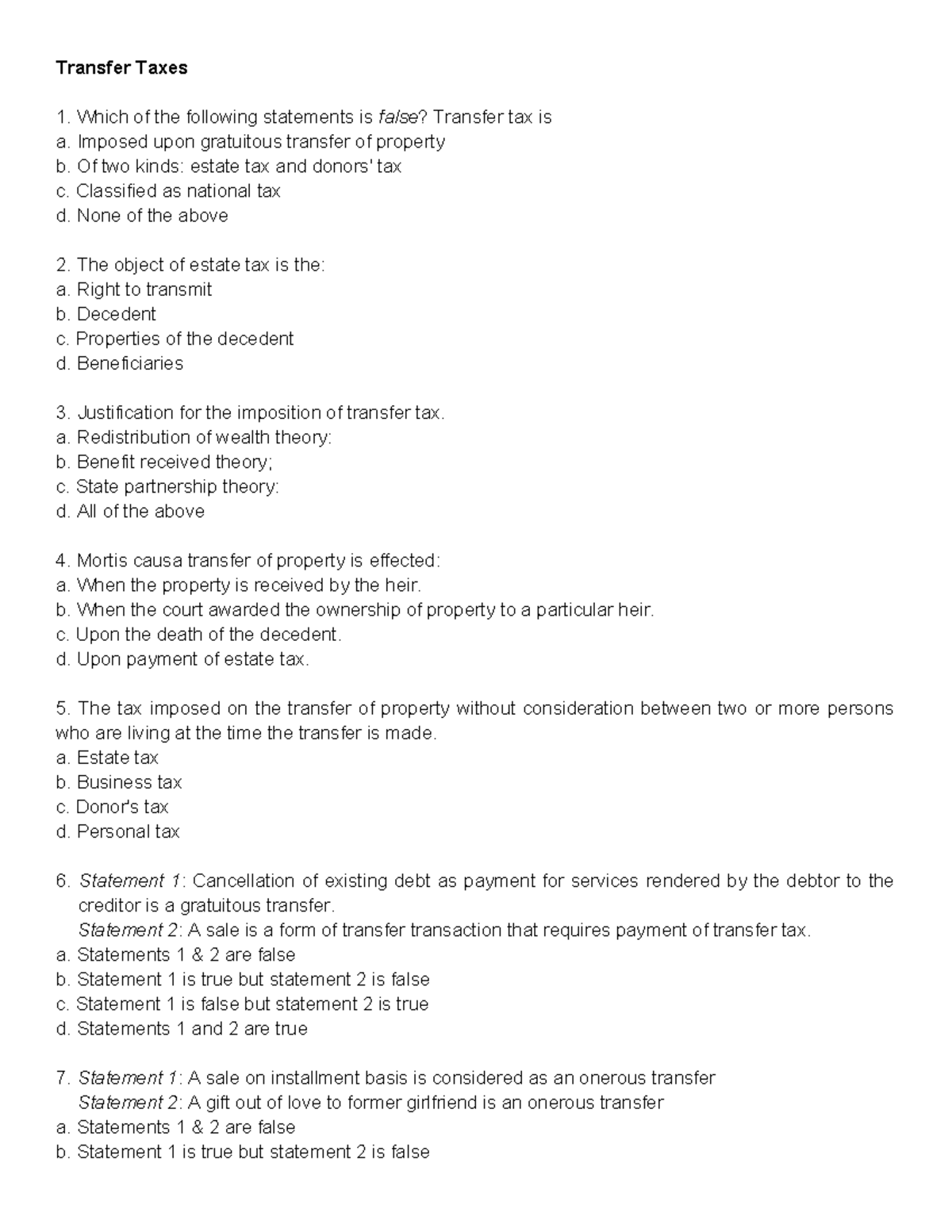 Toaz - Learning materials - Transfer Taxes Which of the following ...