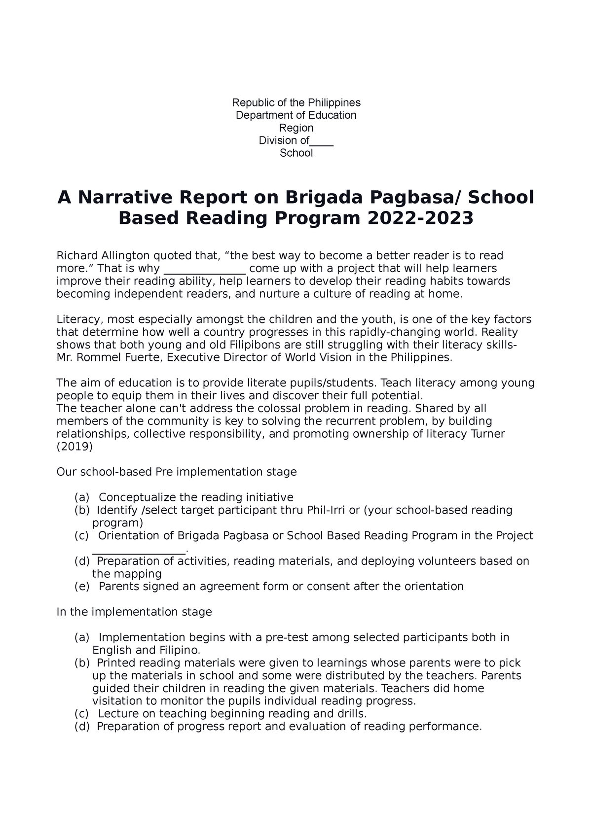 Narrative On Brigada Eskwela Report 2022 2023 Republic Of The