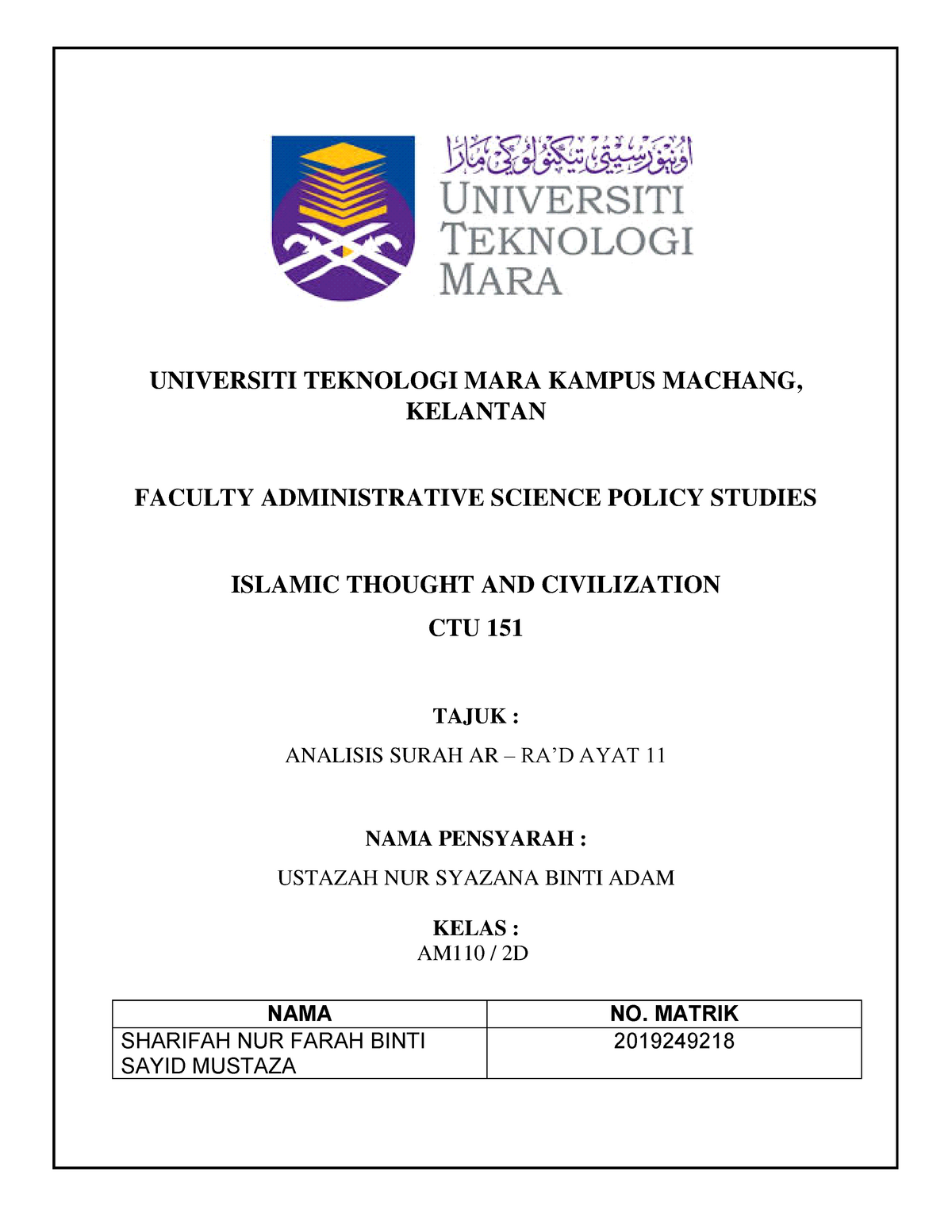 Ctu151 Analisis Ayat Sharifah Universiti Teknologi Mara Kampus Machang Kelantan Faculty Studocu