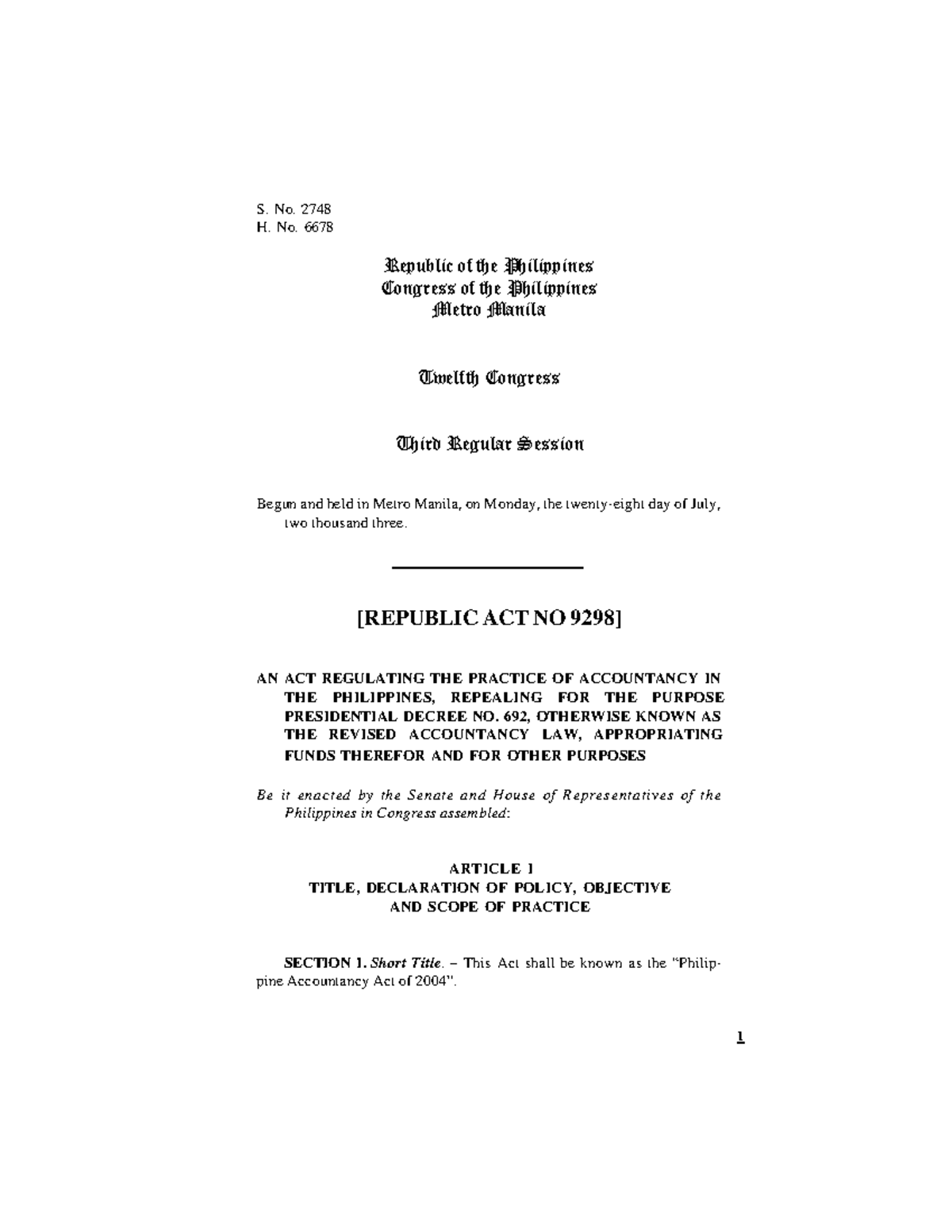 RA 9298 - S. No. 2748 H. No. 6678 Republic of the Philippines Congress ...
